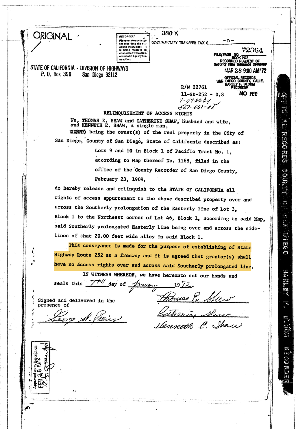 A historical legal document titled 'Relinquishment of Access Rights' from California, dated January 7th, 1972, showing signatures and highlighted text about highway rights and access rights.