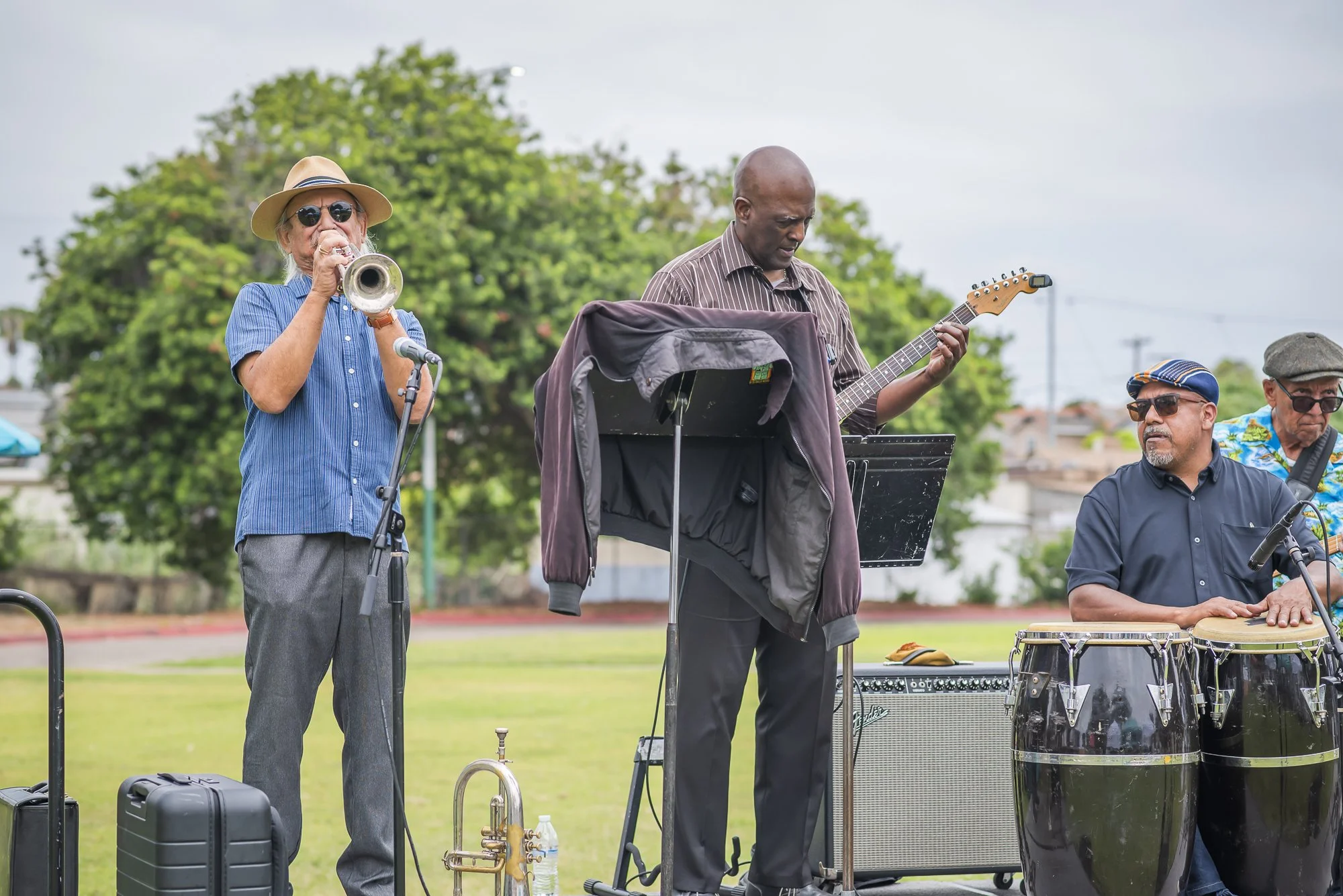 Group of four senior men performing music outdoors, with one playing trumpet, others on guitar and percussion, surrounded by musical equipment and set against a background of trees and cloudy sky.