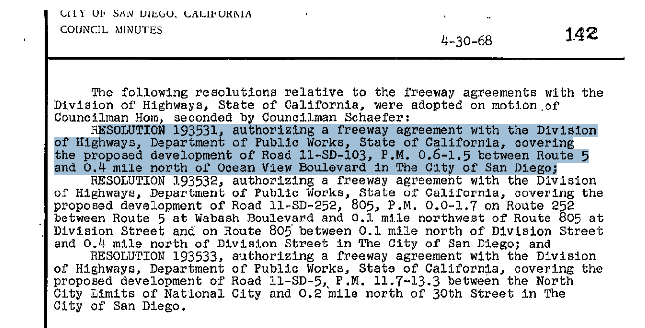 Excerpt from the City of San Diego council minutes dated April 30, 1968, discussing freeway agreements with the Division of Highways, State of California, including resolutions 193531, 193532, and 193533 related to highway development and freeway agreements.