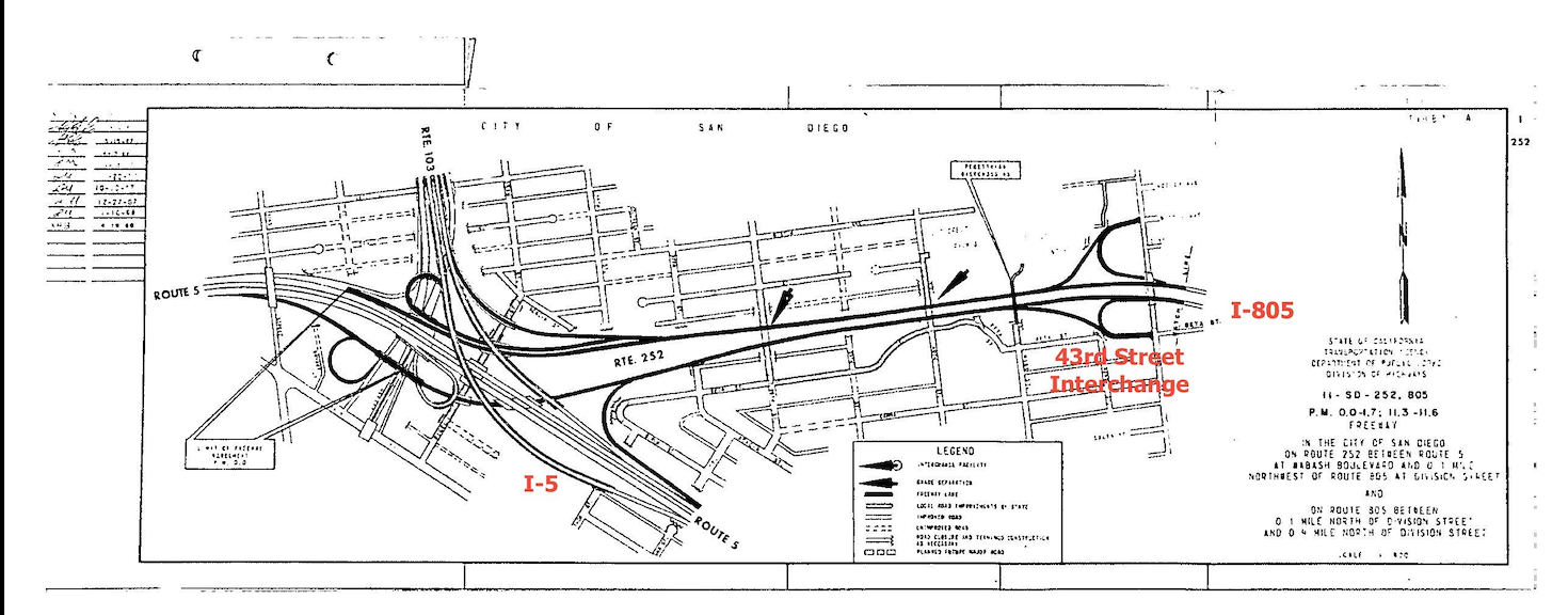 A black and white map showing highways and streets in San Diego, including the I-5, I-805, and 43rd Street Interchange, with directional arrows and a legend.