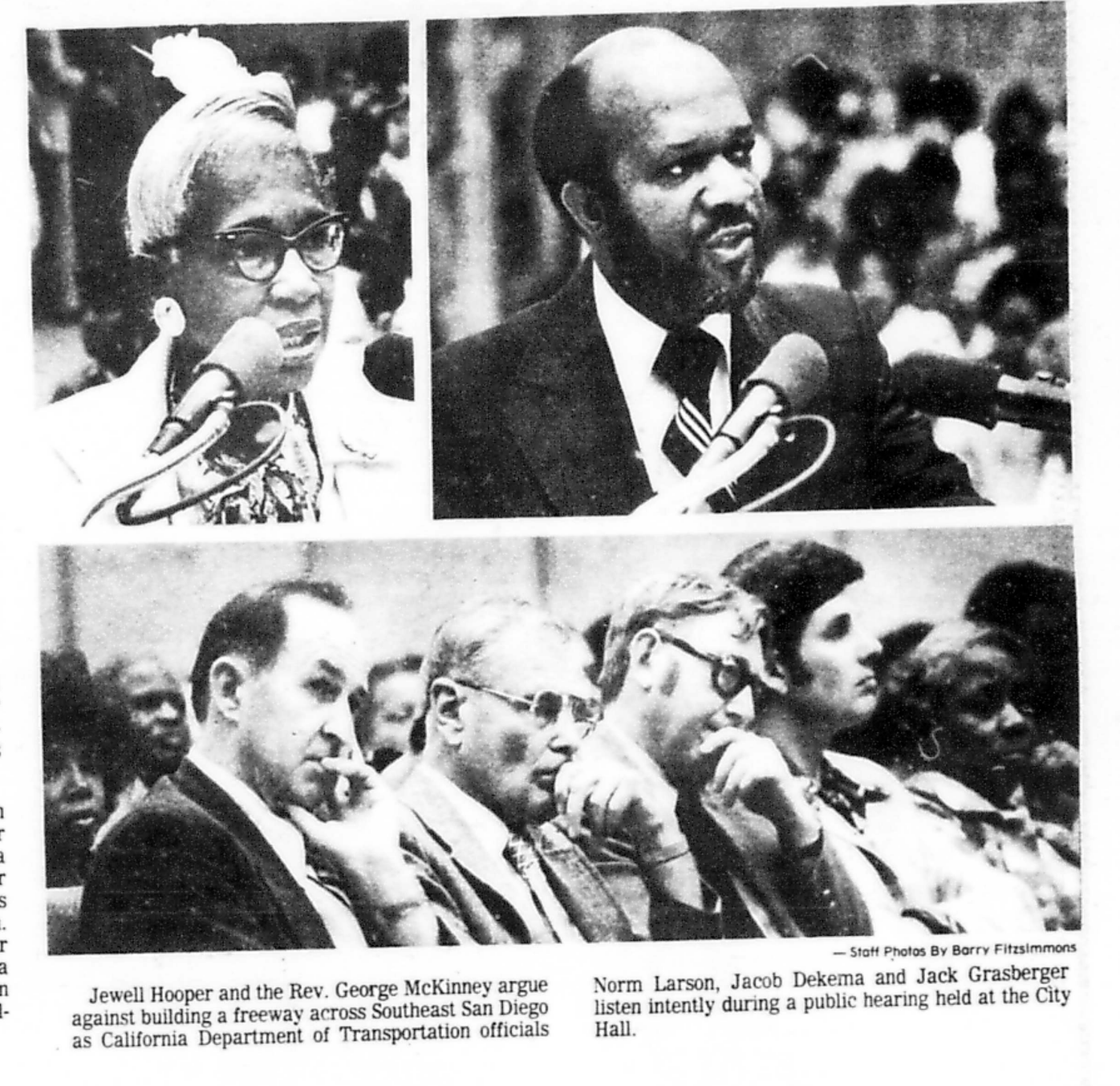 Black and white photograph of a public hearing with two panels. The top panel shows Jewell Hooper and Reverend George McKinney arguing against building a freeway in Southeast San Diego, speaking into microphones. The bottom panel depicts Norm Larson, Jacob Dekema, and Jack Graser listening attentively during the hearing at City Hall, with some taking notes and others observing.