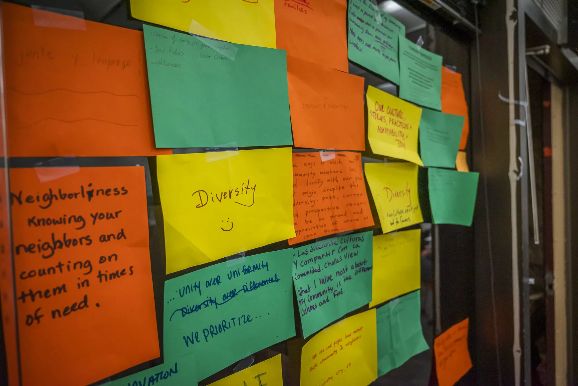 Colorful sticky notes in yellow, orange, green, and blue on a black wall, with handwritten notes on topics related to diversity, community, and culture.