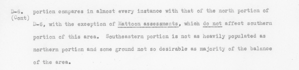 Typewritten document from redlining maps discussing the comparison of portions, with a focus on the northeastern and southeastern regions of Southcrest, mentioning assessments and population density.