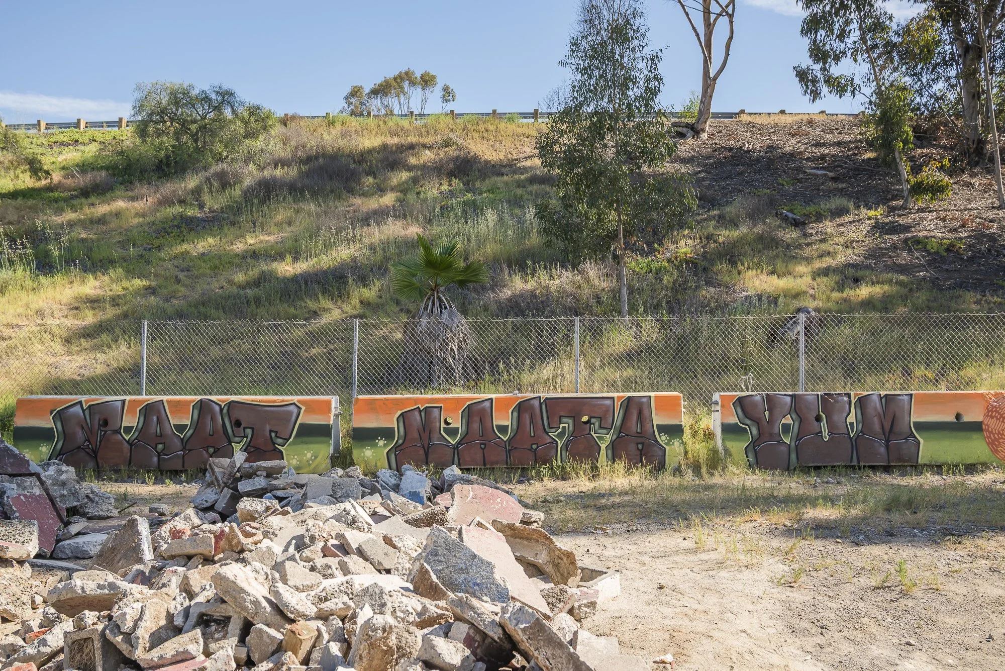 Graffiti-covered blocks of wood and debris in the foreground, with a barbed wire fence, trees, and an open hillside with grasses and shrubs in the background.