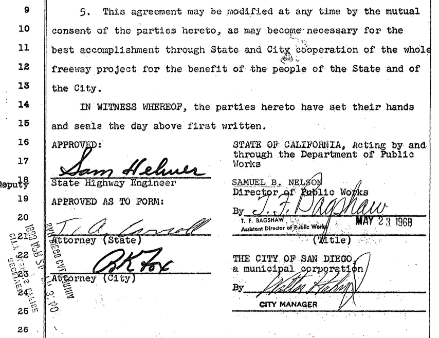 A scanned official document from 1968 regarding a municipal agreement involving the City of San Diego, California. The document includes signatures from various officials, such as Sam Helmer, Samuel B. Nelson, T. F. Bagshaw, and the City Manager, with a date of May 23, 1968.
