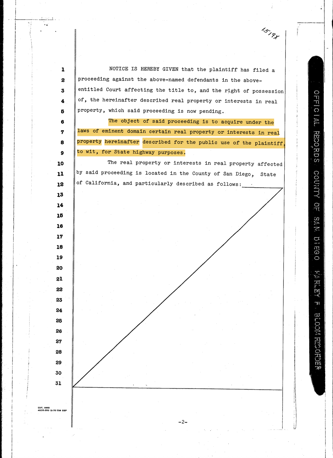 Legal document from the San Diego County Office of the Recorder with highlighted text indicating the purpose of the proceeding to acquire real property for State highway purposes in San Diego, California.