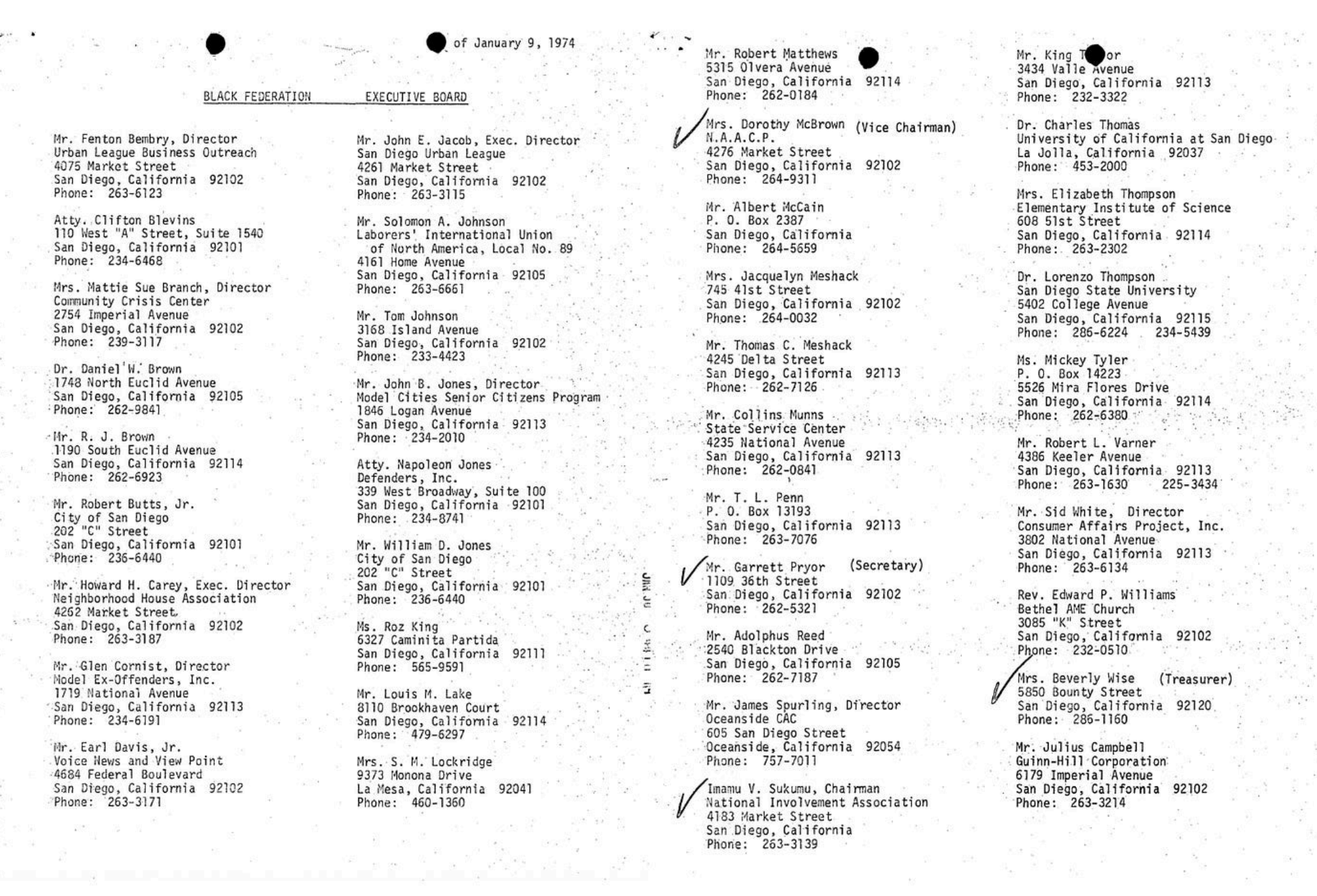 A black-and-white photocopy of a list of names and addresses, with some handwritten check marks and dots. The list appears to be a directory or contact list from January 9, 1974.