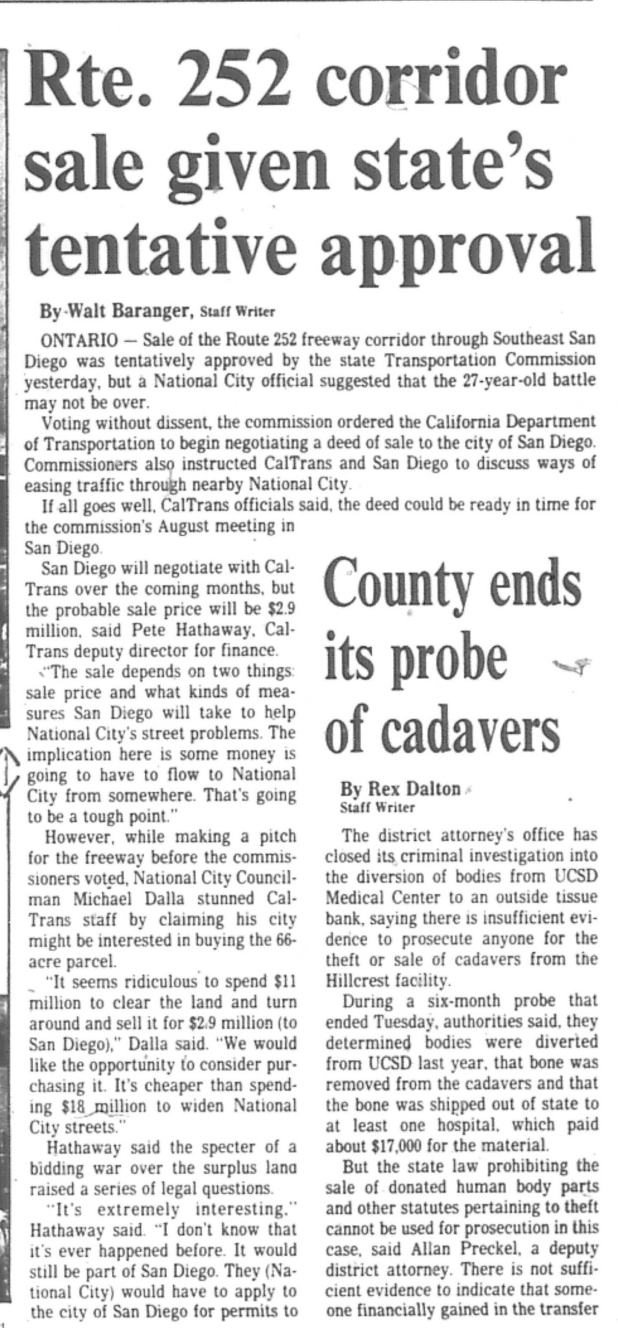 Newspaper article declaring that the state has tentatively approved a sale of Route 252 freeway corridor through Southeast San Diego, with details about negotiations, costs, and related investigations.