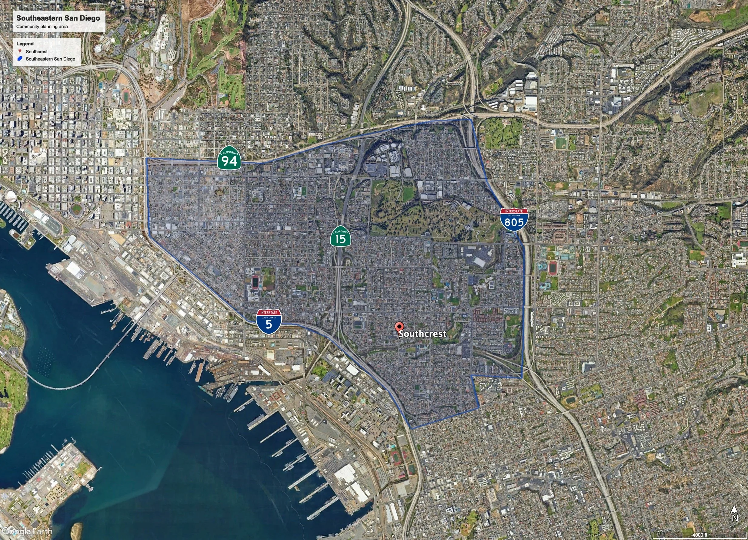 Satellite map of Southeastern San Diego, California, showing highways, streets, and the waterfront area with docks and port facilities.