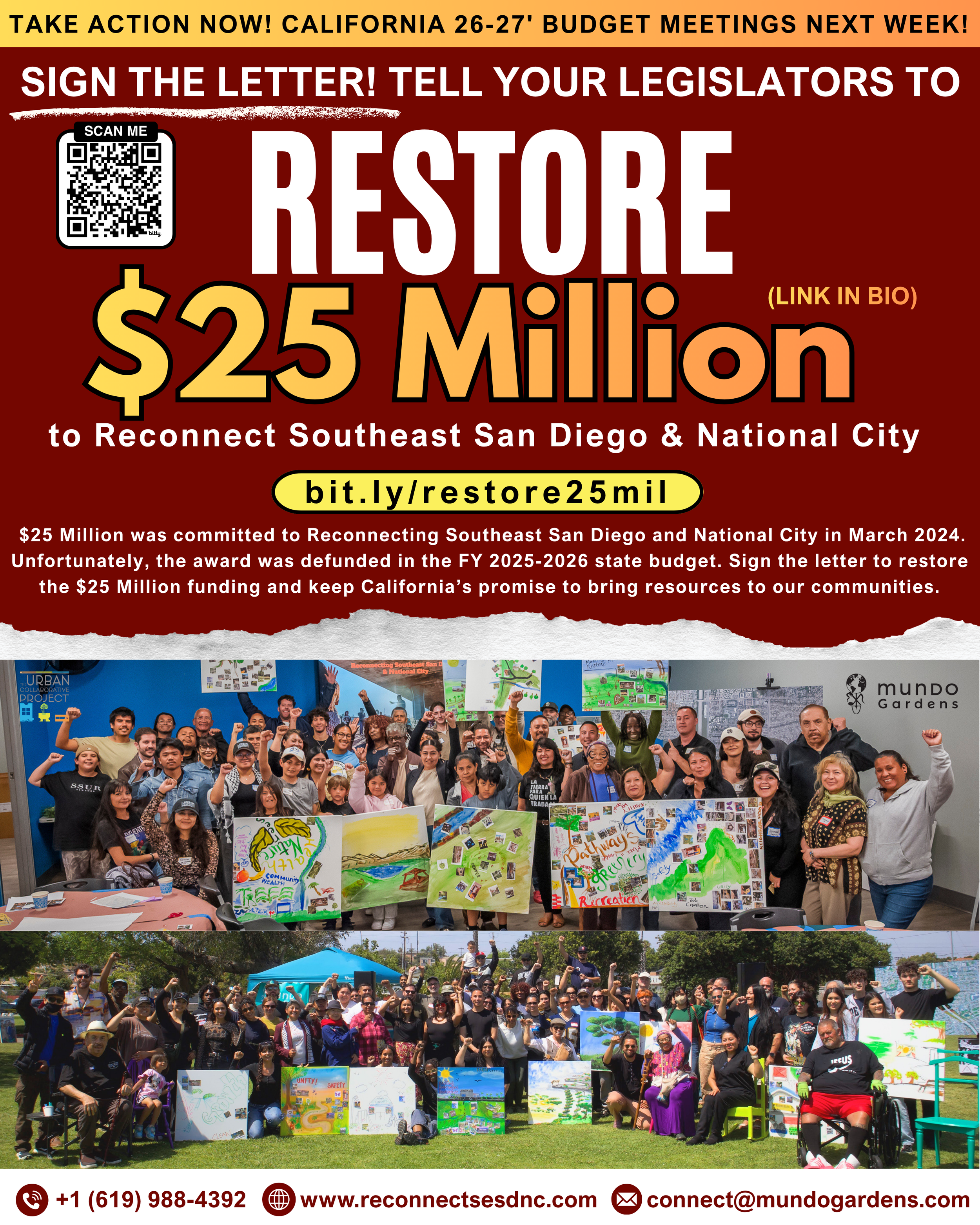 Group of people at an outdoor event holding colorful posters with environmental themes, some raising fists, some smiling for the camera. Sign the letter to restore the promised $25 million to Reconnecting Communities.