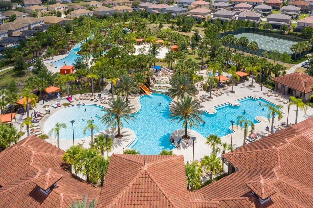 Aerial View of Pool, Clubhouse, and Lazy River