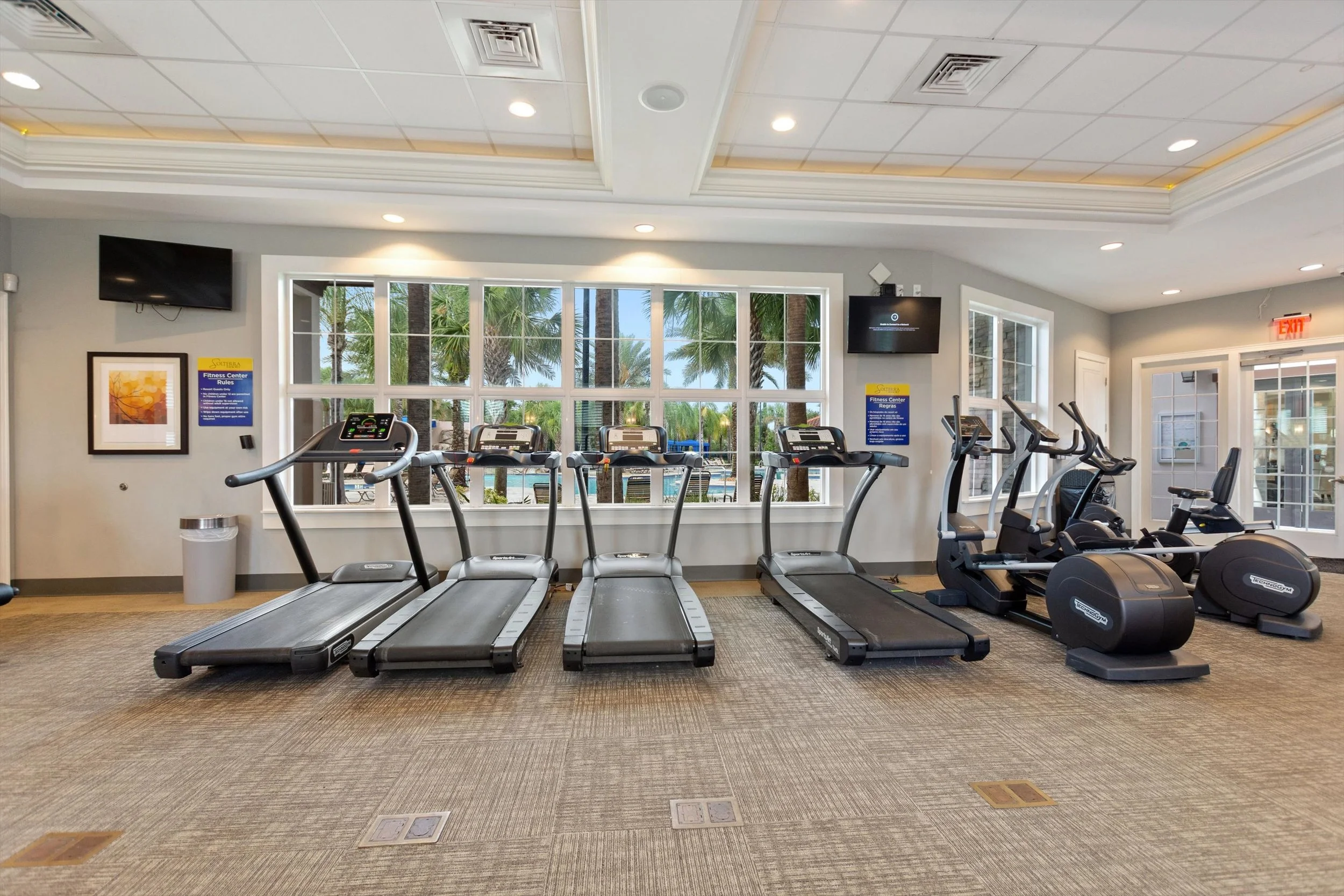 Indoor gym with four treadmills and two elliptical machines, large windows showing palm trees outside, and screens mounted on the wall.