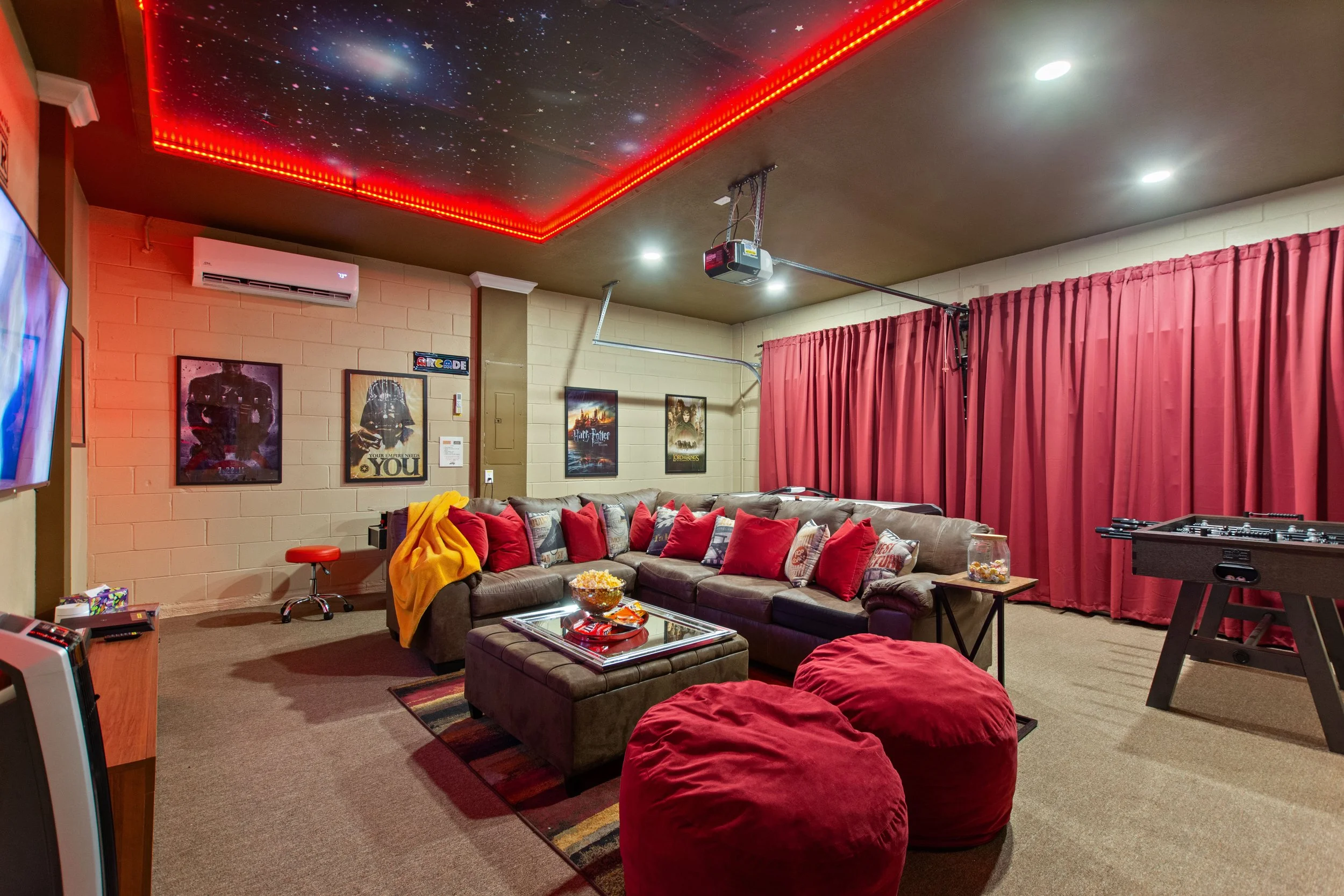 Media / Game Room w/ a 65" 4K Roku Smart TV w/ LED Backlit Ceiling and TV and Soundbar and Foosball and Air Hockey Games