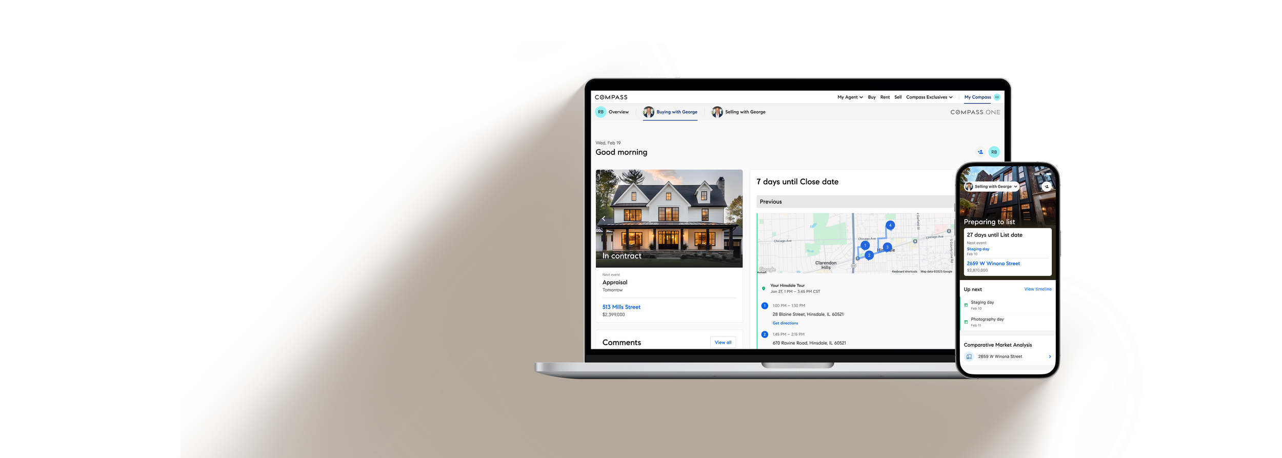 Photo of a laptop and smartphone displaying a real estate and travel planning app interface with maps, house images, and itinerary details.