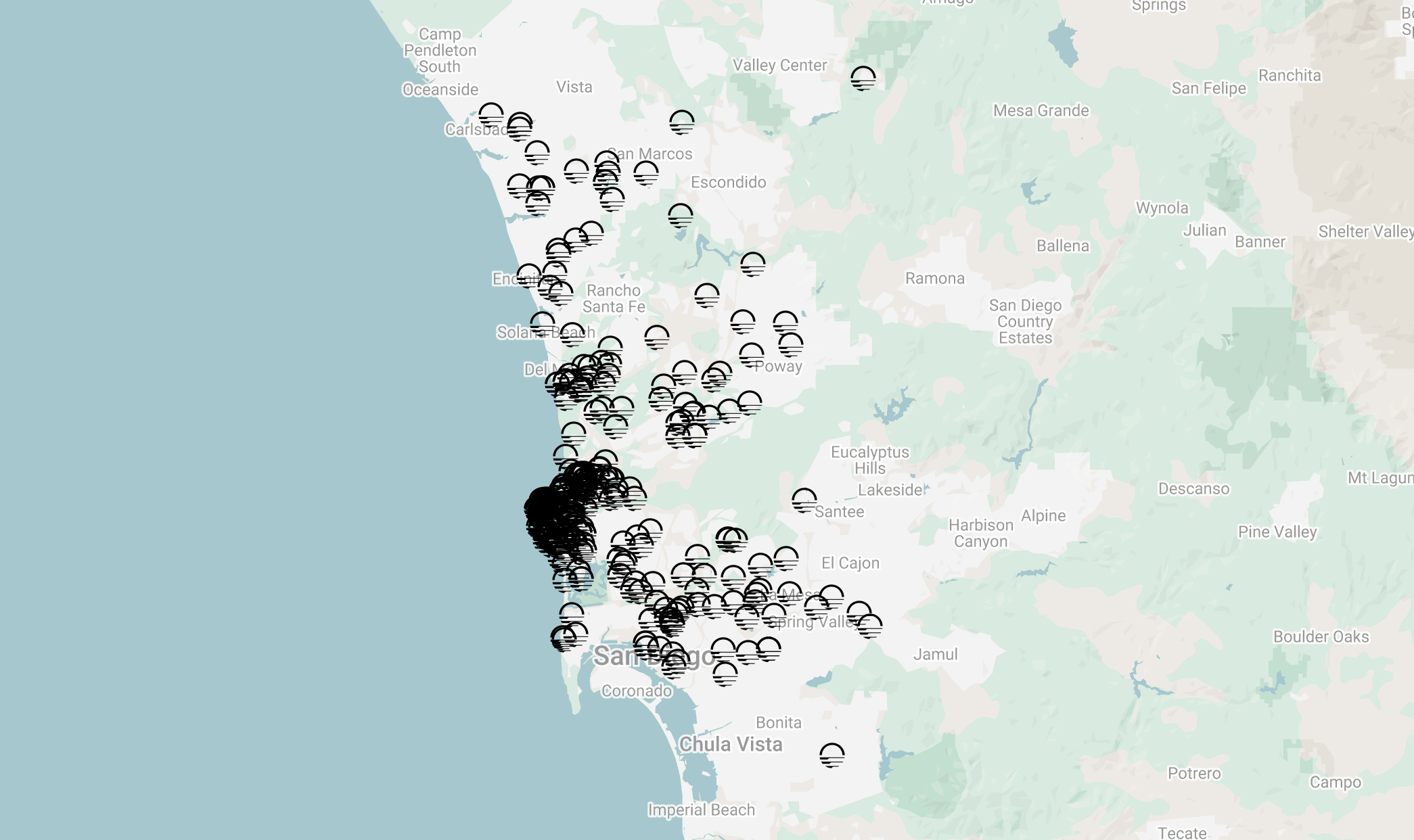 Map of San Diego, California, showing numerous beach and surf spot icons along the coast and inland areas.