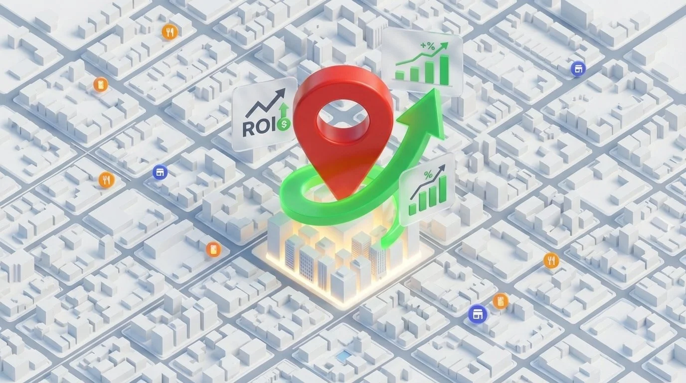 3D Google Maps pin resting on a solid architectural foundation block with upward trending financial graphs.