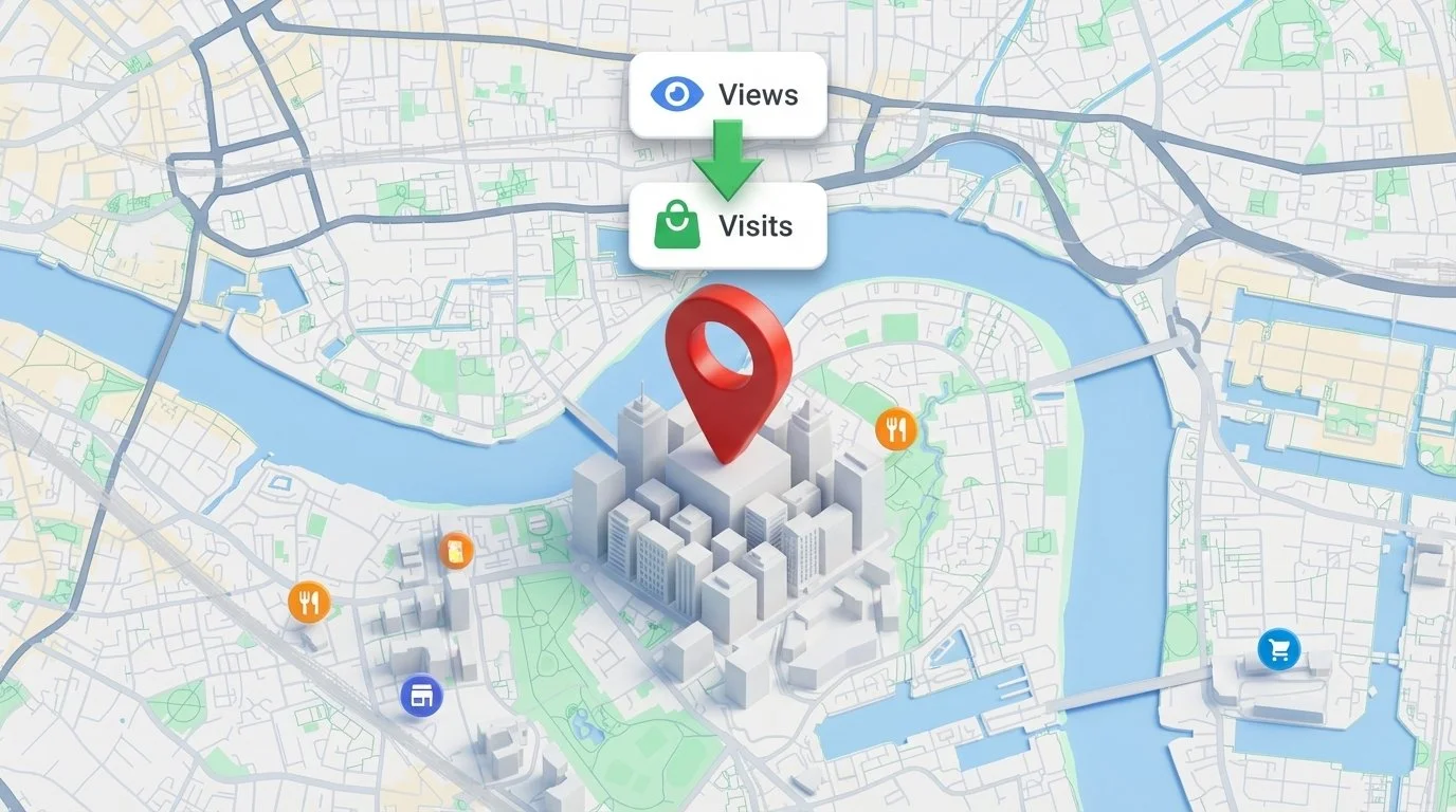 3D isometric image showing a prominent business from a Google Maps pin directly on top of a local store.