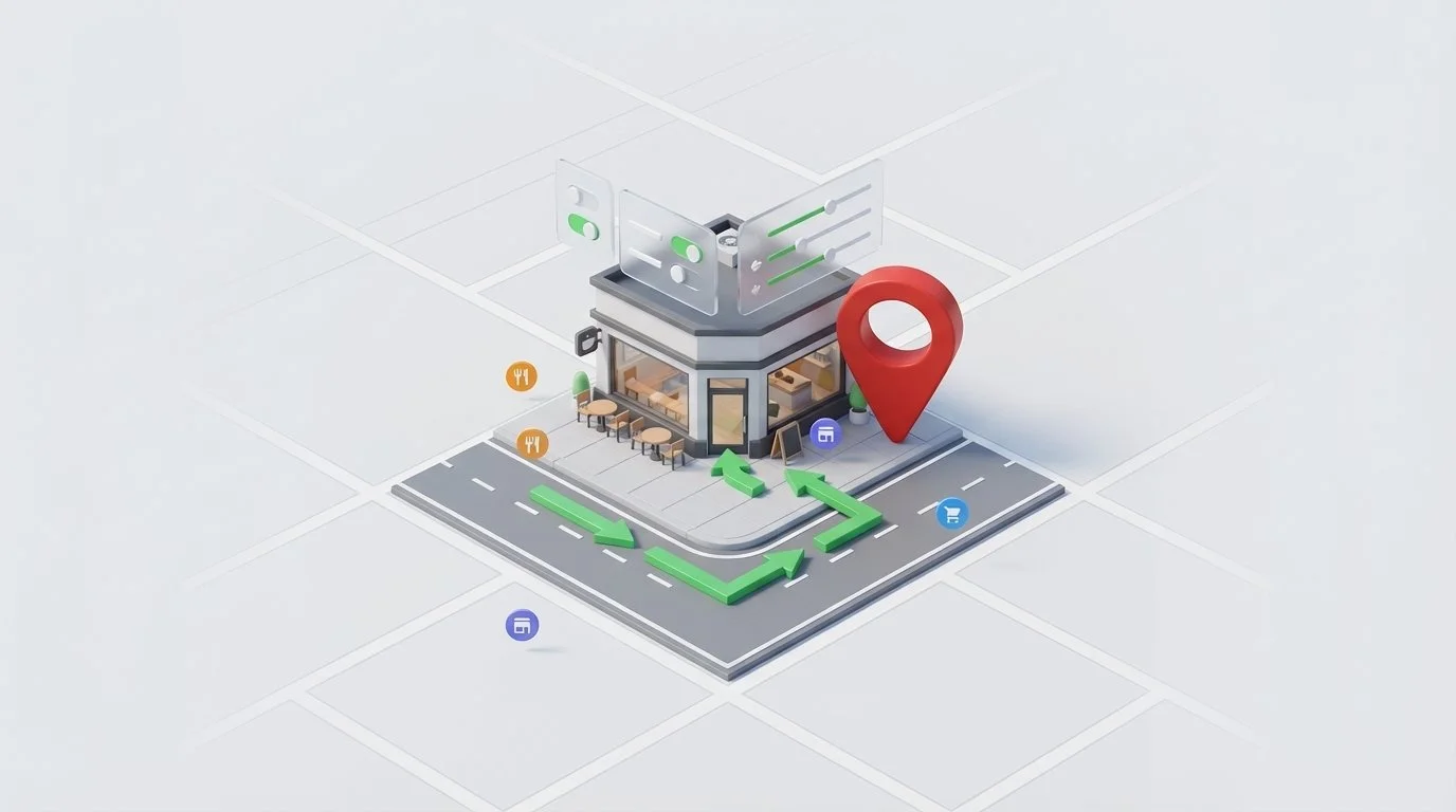 3D storefront with a Google Maps pin and green arrows leading foot traffic to store