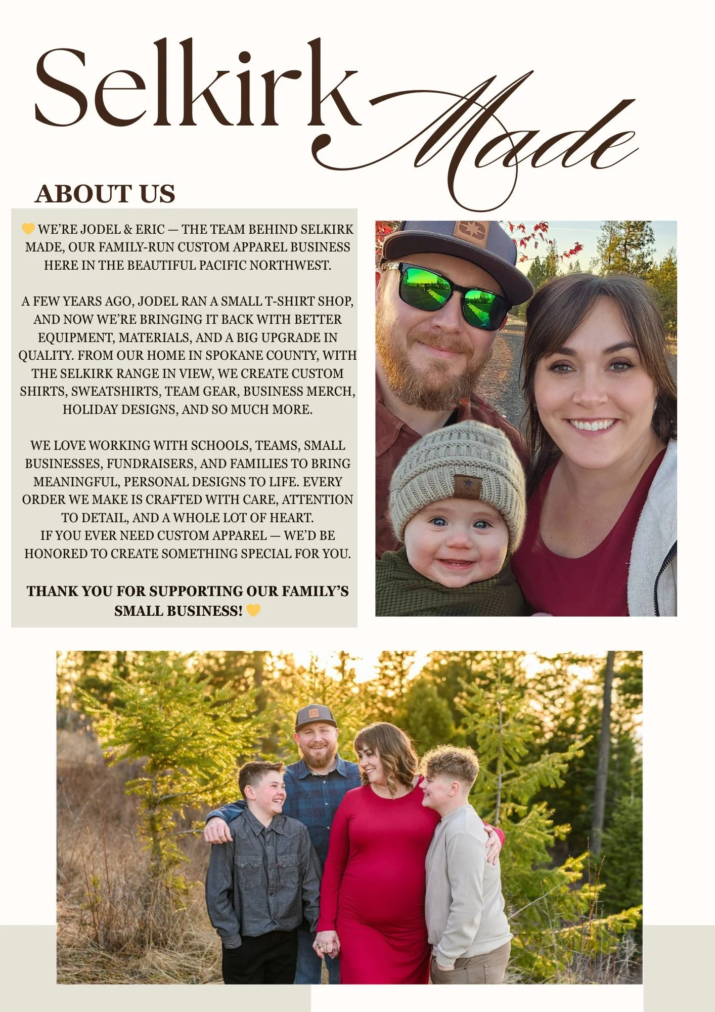 A family photo featuring a man, woman, and young boy outdoors during sunset, with trees in the background.