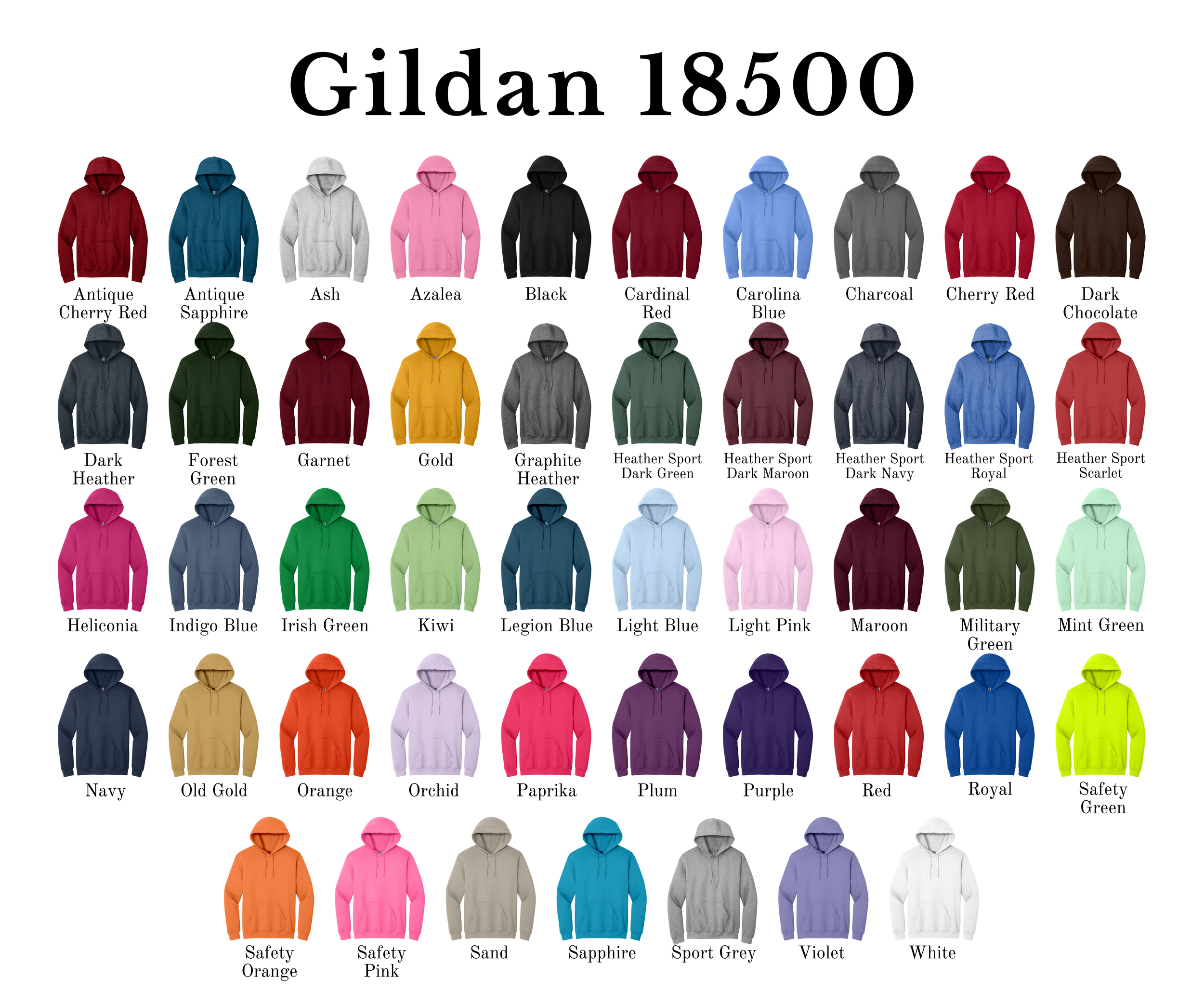 A color chart displaying various hoodies for Gildan 1850, arranged in rows with color names labeled below each hoodie, including options like Antique Cherry Red, Ash, Azalea, Black, Cardinal Red, Carolina Blue, Charcoal, Cherry Red, Dark Chocolate, Dark Heather, Forest Green, Garnet, Gold, Graphite Heather, Heather Sport Dark Green, Heather Sport Dark Maroon, Heather Sport Dark Navy, Heather Sport Royal, Heather Sport Scarlet, Heliconia, Indigo Blue, Irish Green, Kiwi, Legion Blue, Light Blue, Light Pink, Maroon, Military Green, Mint Green, Navy, Old Gold, Orange, Orchid, Paprika, Plum, Purple, Red, Royal, Safety Green, Safety Orange, Safety Pink, Sand, Sapphire, Sport Grey, Violet, White.