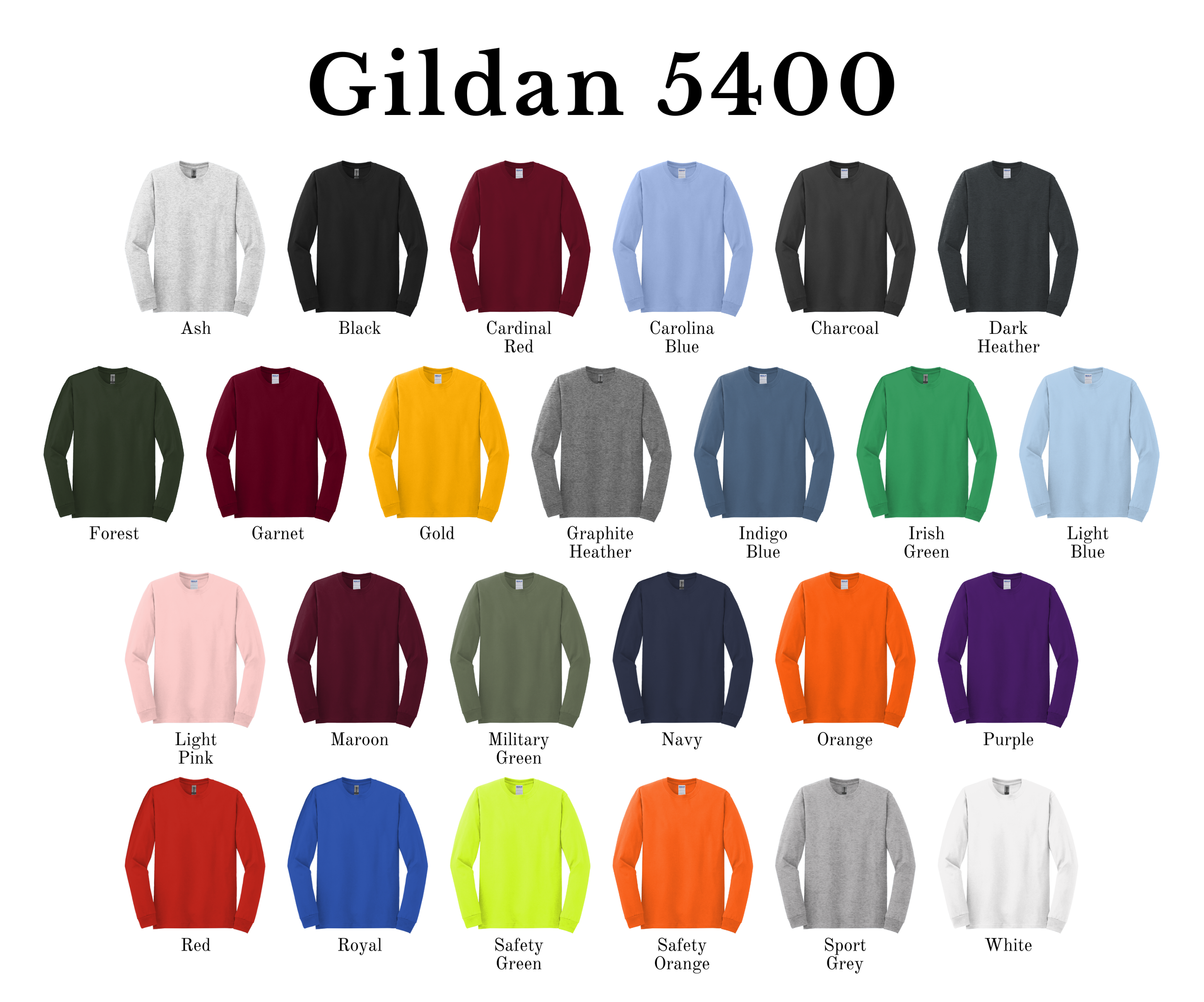 Display of 20 Gildan 5400 sweatshirts in various colors including ash, black, cardinal red, carolina blue, charcoal, dark heather, forest, garnet, gold, graphite heather, indigo blue, irish green, light blue, light pink, maroon, military green, navy, orange, purple, red, royal, safety green, safety orange, sport grey, and white.