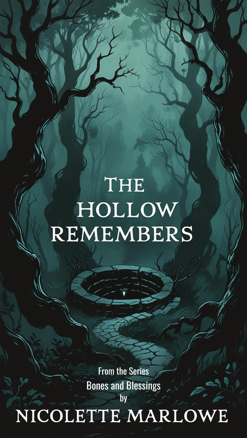 Dark, spooky forest with tall, twisted trees and a stone well with a winding path leading to it. Text on the image reads 'The Hollow Remembers', with additional text indicating it is from the series 'Bones and Blessings' by Nicolette Marlowe.
