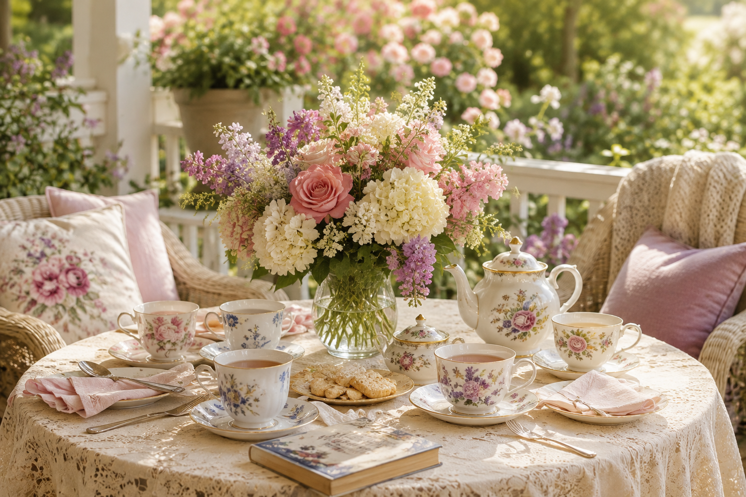 Cottage Garden Tea Setting with Flowers