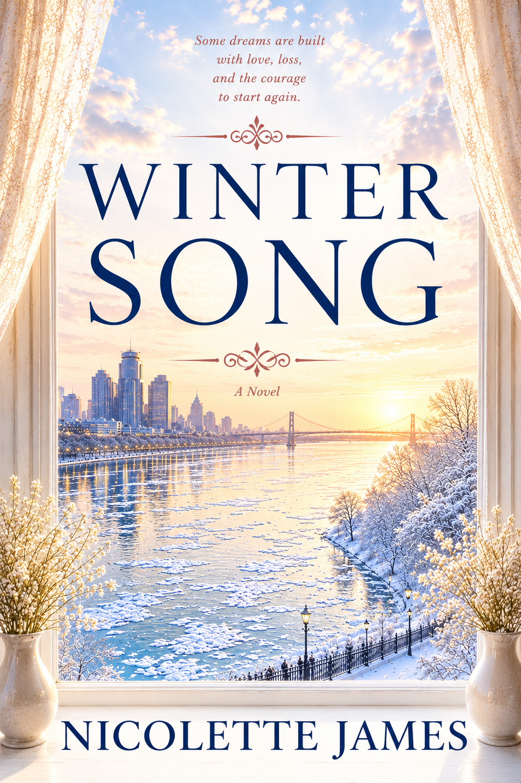 Book cover titled "Winter Song" by Nicolette James, featuring a winter scene of a river with floating ice, a city skyline in the background, and a bridge at sunset, framed by white curtains and topped with potted flowers.