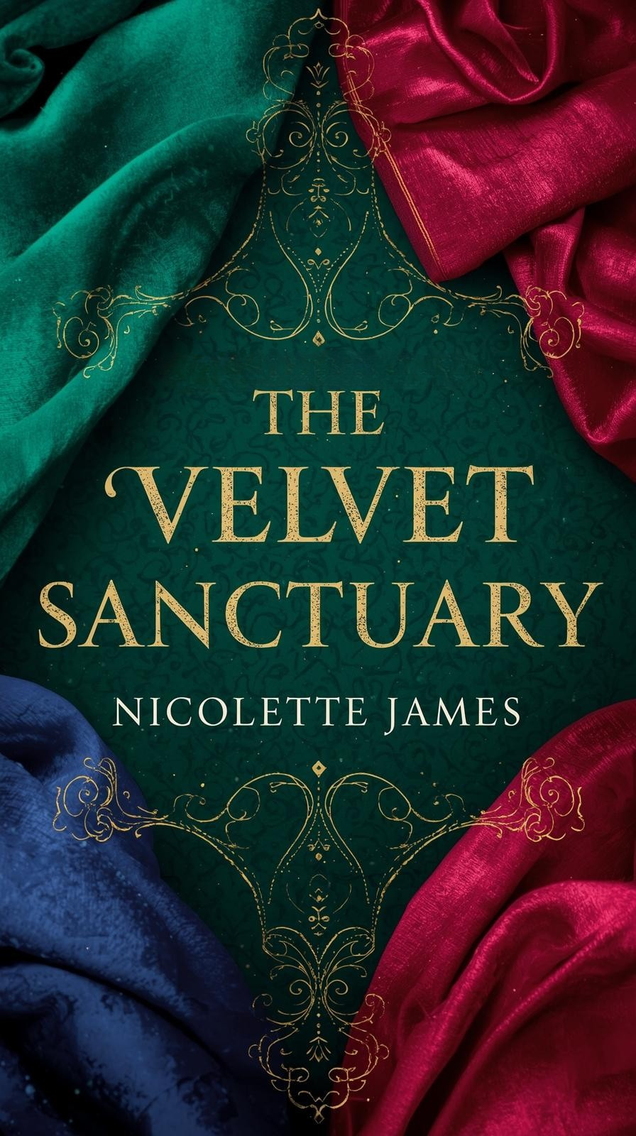 Close-up of the book cover for 'The Velvet Sanctuary' by Nicolette James, featuring green, red, and blue velvet fabrics with gold decorative accents.