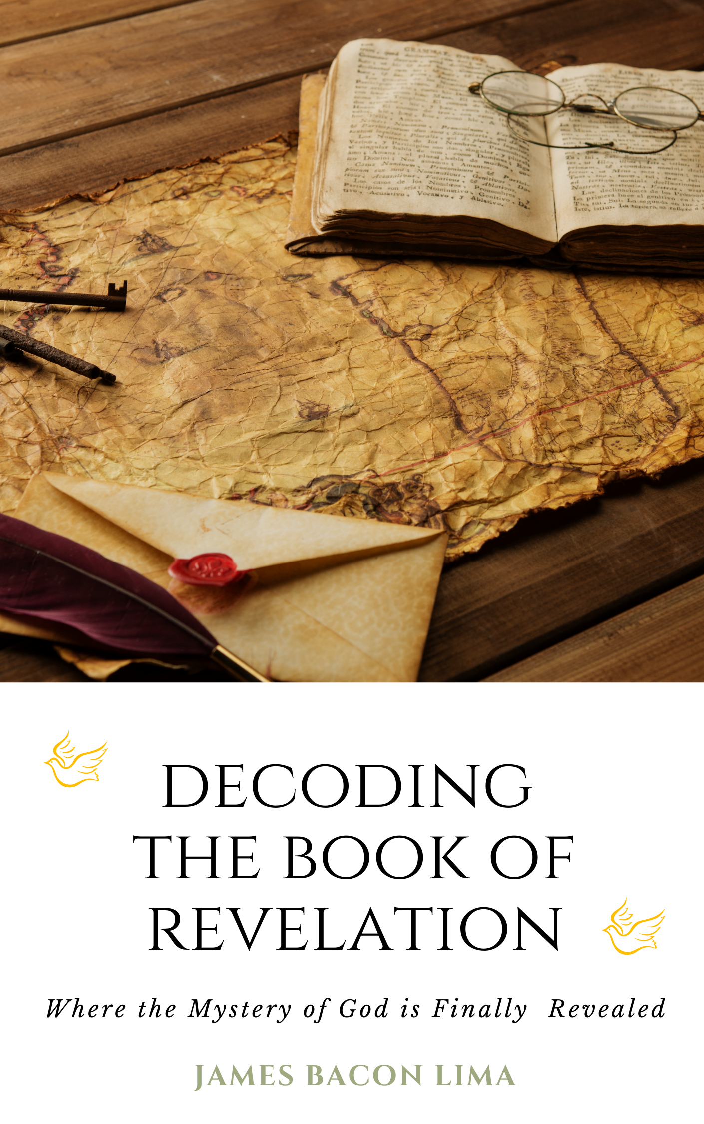 The image depicts an open, aged book with some text in Spanish, a pair of reading glasses resting on it, an old key, and a sealed envelope on a wooden surface, suggesting themes of exploration, discovery, and historical investigation.