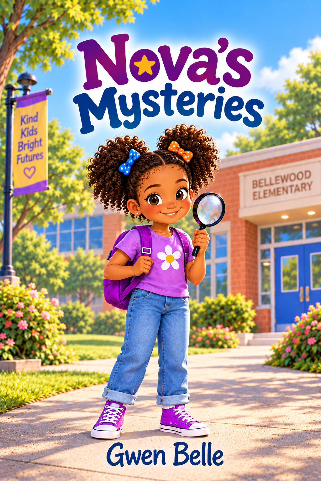 A young girl with curly hair in pigtails holding a magnifying glass stands in front of a school with a sign saying Bellewood Elementary. She wears a purple shirt with a daisy, blue jeans, purple sneakers, and a purple backpack. The background shows trees, flowers, and a clear sky.