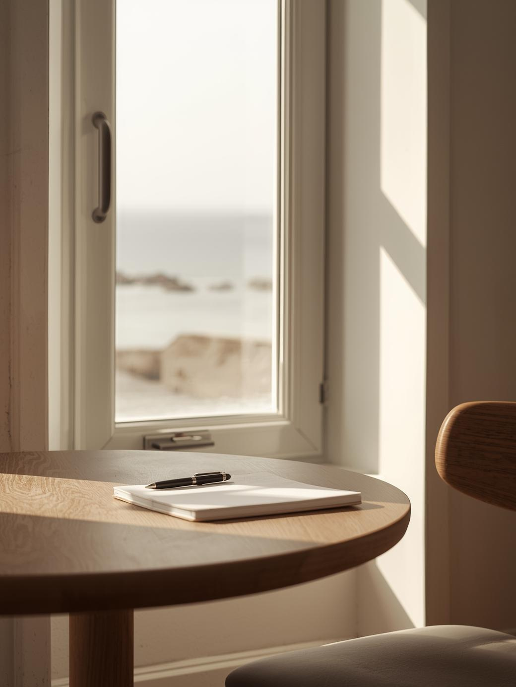 A wooden table with a closed notebook and black pen next to it, near a window with sunlight and a view of the ocean outside.