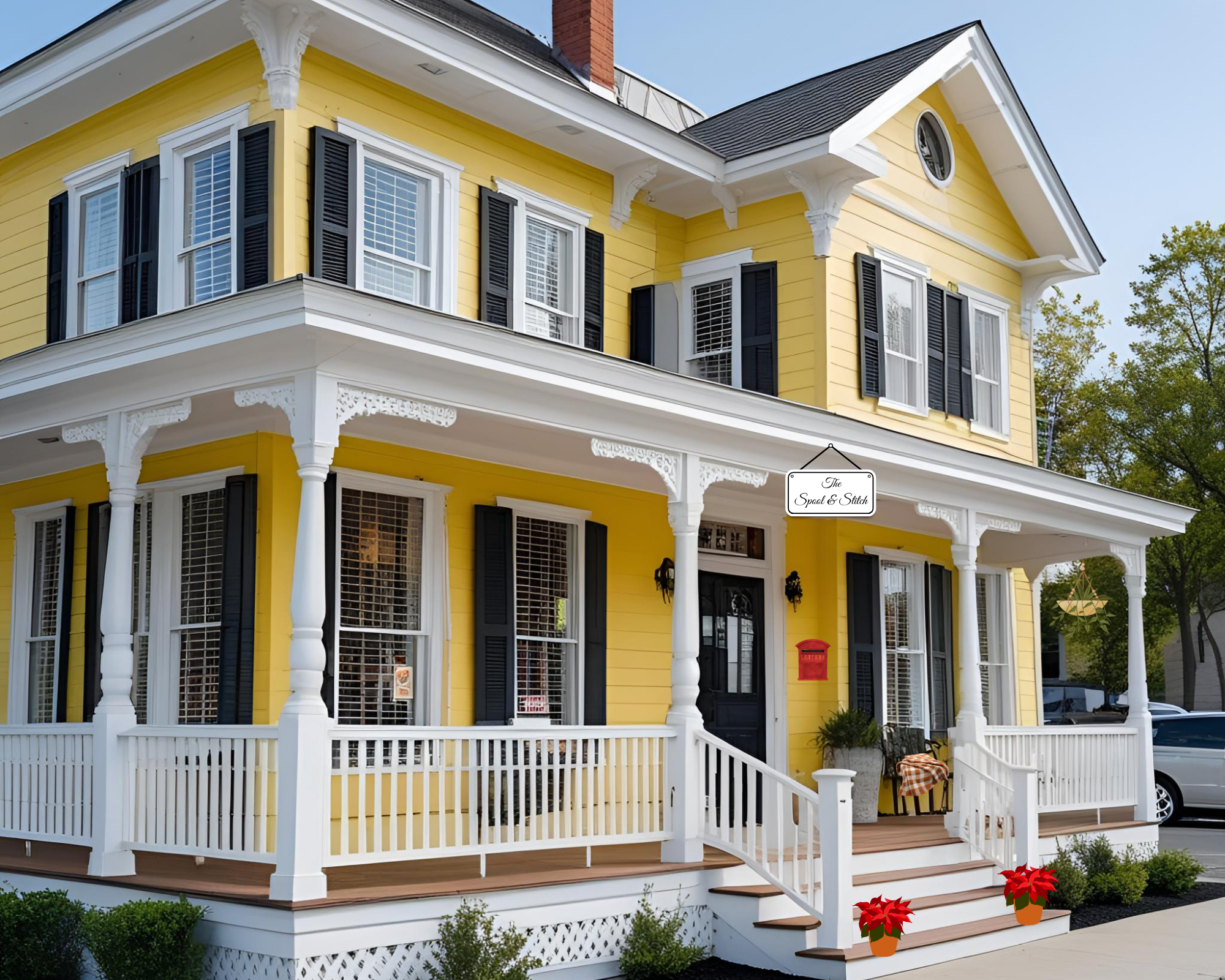 A two-story yellow house with white trim and black shutters, featuring a porch with white columns and railings, a small set of stairs with poinsettia plants, and a sign reading "The Spool & Stitch." The house has a gabled roof, a chimney, and a circular window near the roof peak, with trees and a blue sky in the background.