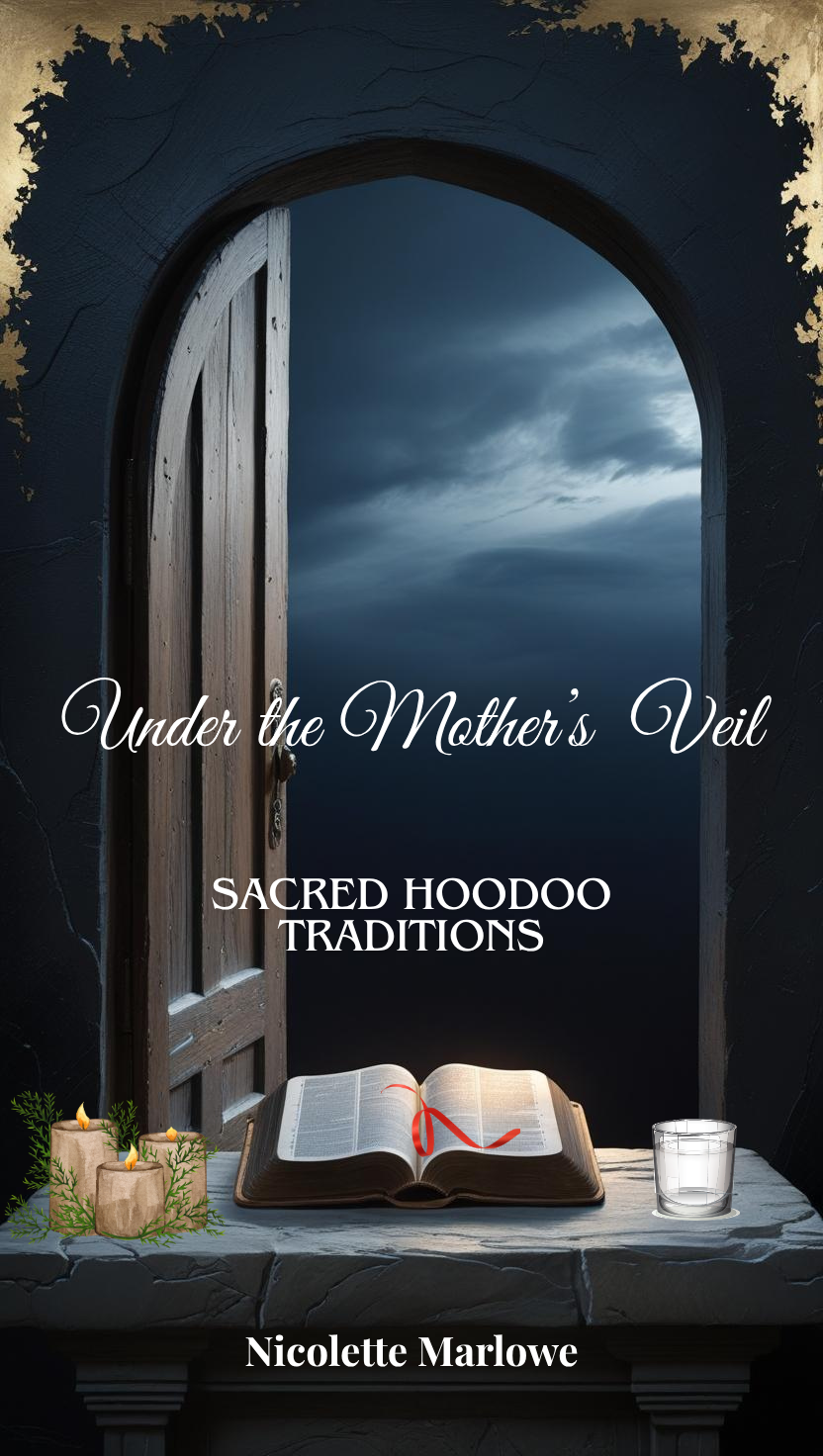 Book open on altar with candle and greenery, view through open door to cloudy sky, title "Under the Mother's Veil: Sacred Hoodoo Traditions" by Nicolette Marlowe