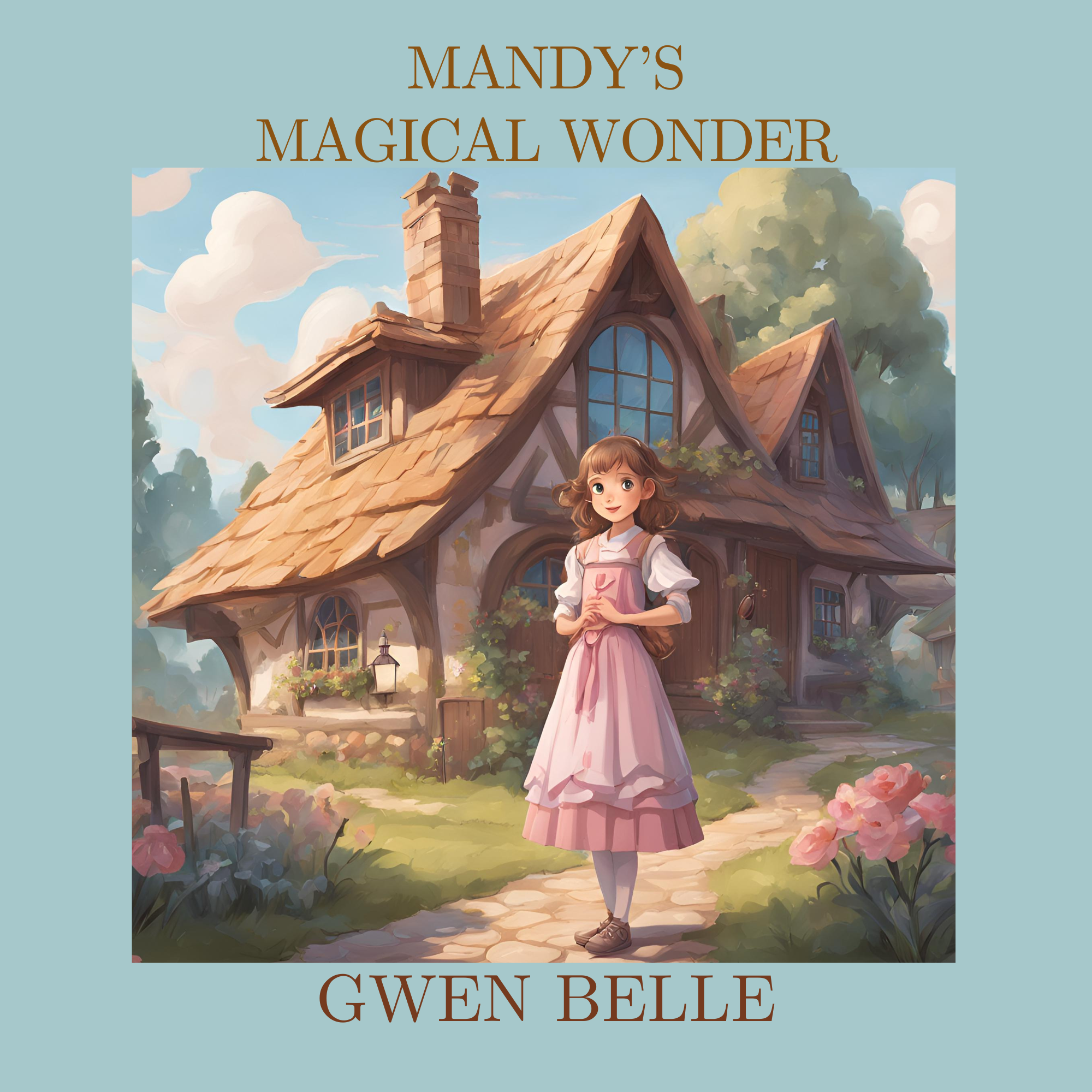 Cover of a book titled "Mandy's Magical Wonder" by Gwen Belle, featuring a girl in a pink dress standing on a garden path in front of a charming house with a shingled roof and large windows, surrounded by lush flowers and greenery, under a bright sky with clouds.