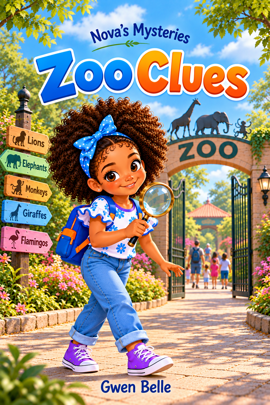 Cover of a children's book titled 'Nova's Mysteries: Zoo Clues' by Gwen Belle, featuring a young girl with curly hair, a blue headband, holding a magnifying glass, standing at the entrance of a zoo with a signpost showing animals like lions, elephants, monkeys, giraffes, and flamingos.
