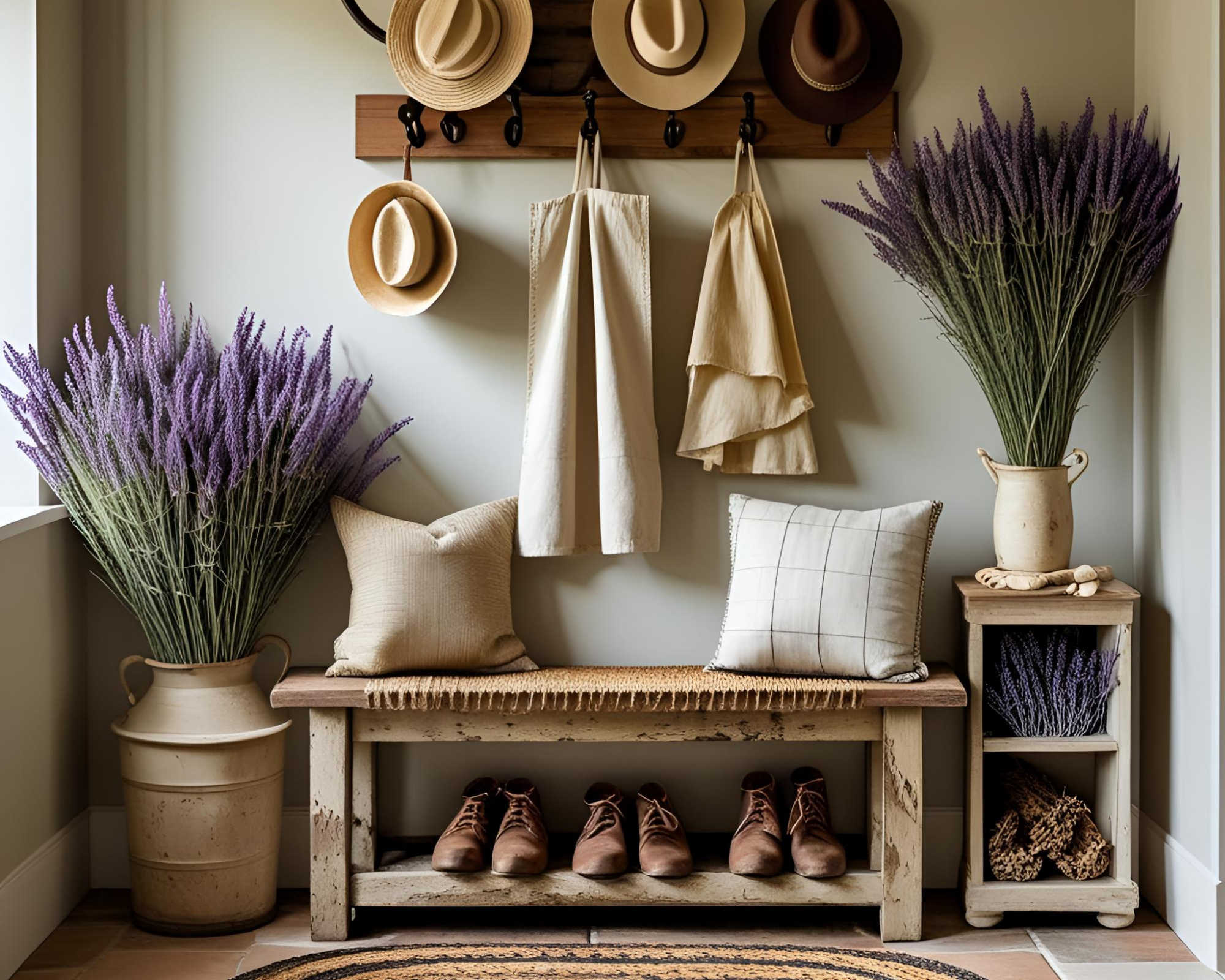A rustic entryway with a white wooden shoe rack holding a pair of brown shoes, a woven tissue box, and two baskets, with a large potted lavender plant on the left, a vase with purple lavender flowers on the right, and a coat rack with hanging hats, an umbrella, and fabric bags above