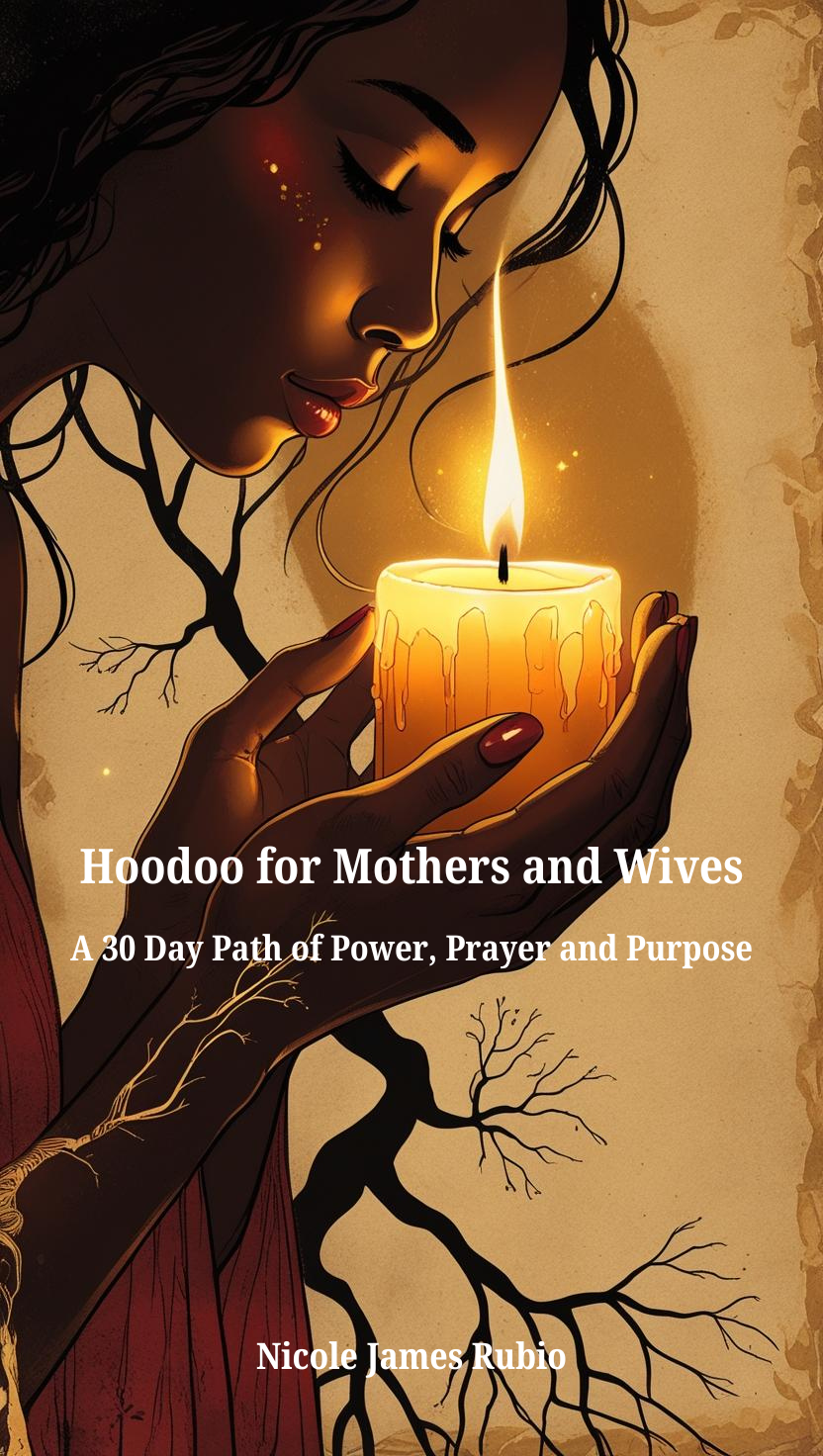 Illustration of a woman holding a lit candle with melted wax dripping down, and her face illuminated by the candlelight. The background includes abstract tree branches, creating a warm, spiritual atmosphere.