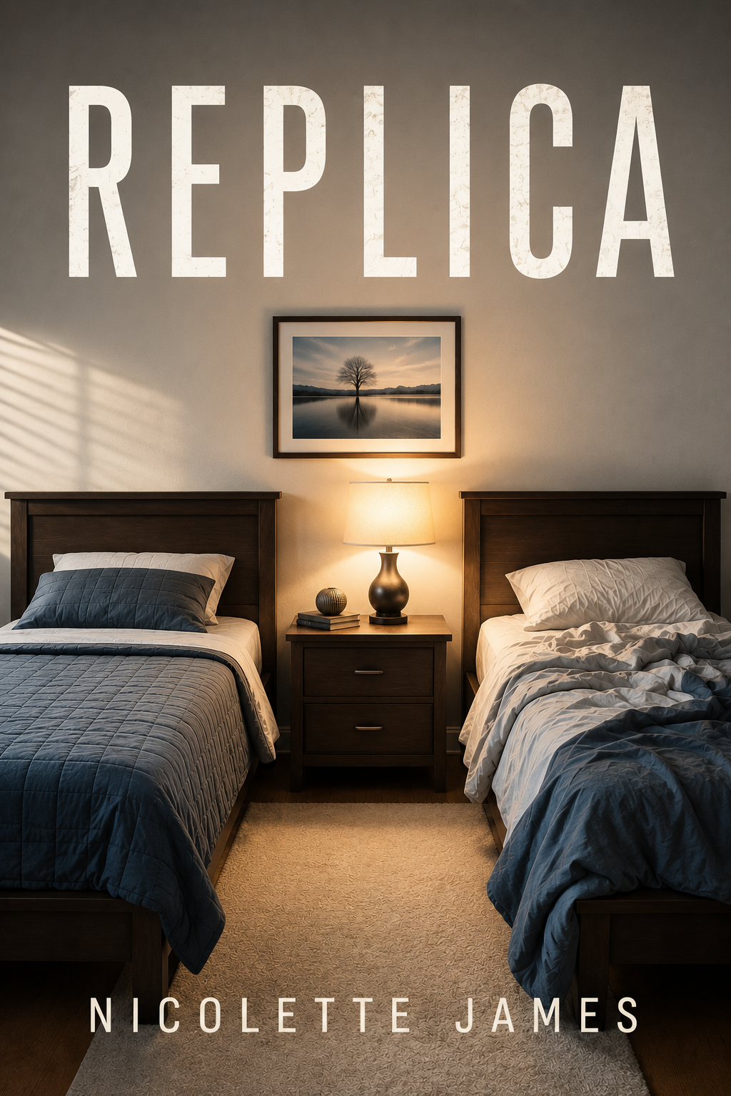 Book cover titled "Replica" by Nicolette James, showing two twin beds with dark wood headboards, a nightstand with a lamp and decorative objects, a framed landscape photograph of a tree reflected in water, and large white text overhead.