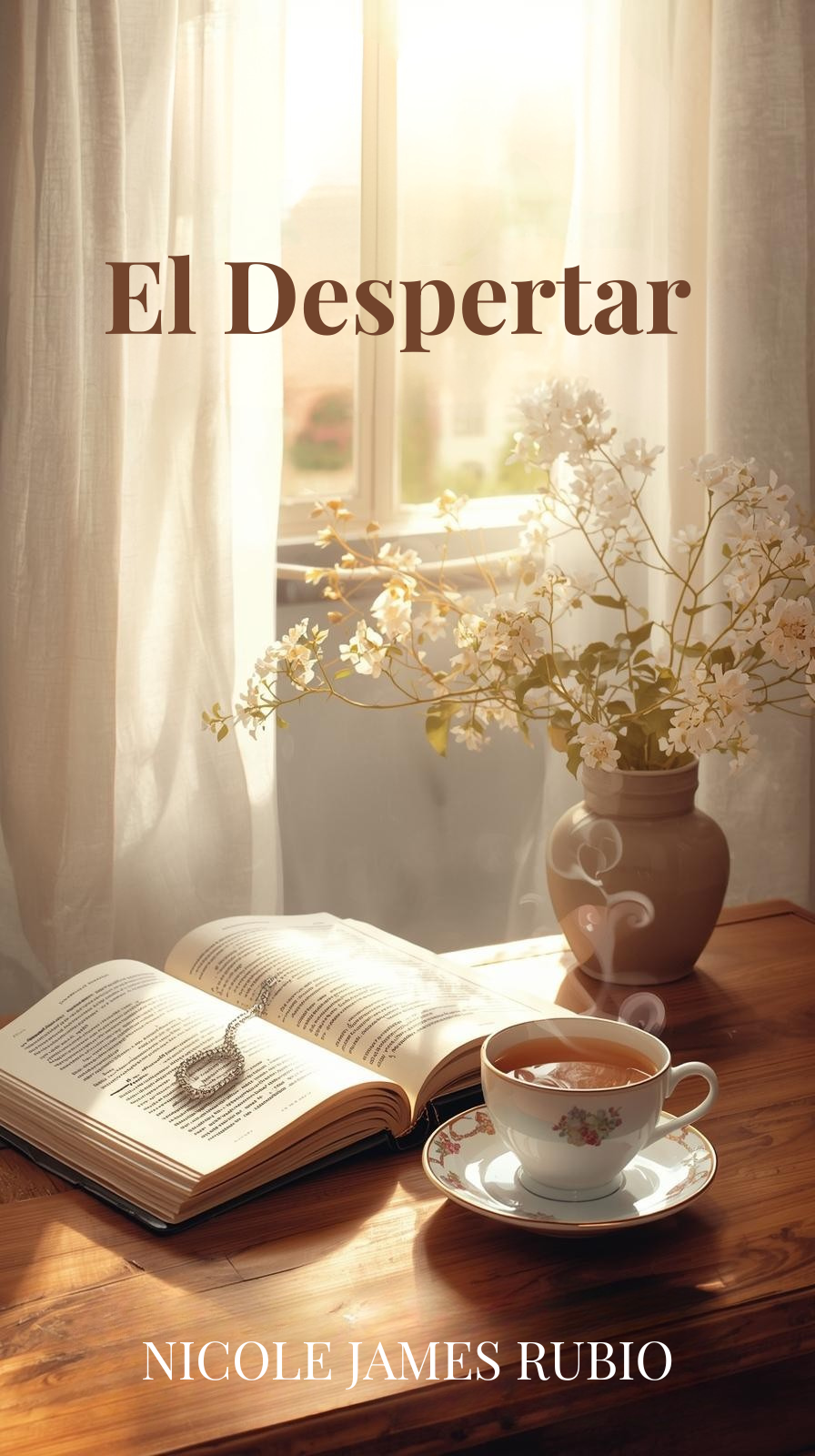 Book, cup of tea, and vase with white flowers on a wooden table in front of a sunlit window with sheer curtains.