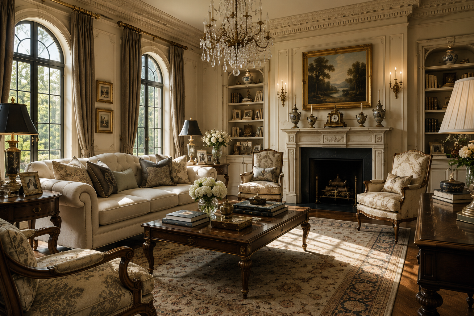 Elegant living room with large arched windows, ornate chandelier, fireplace with decorative mantel, and classic furniture including sofas and armchairs, all in neutral tones with gold accents, decorated with family photos, books, and floral arrangements.