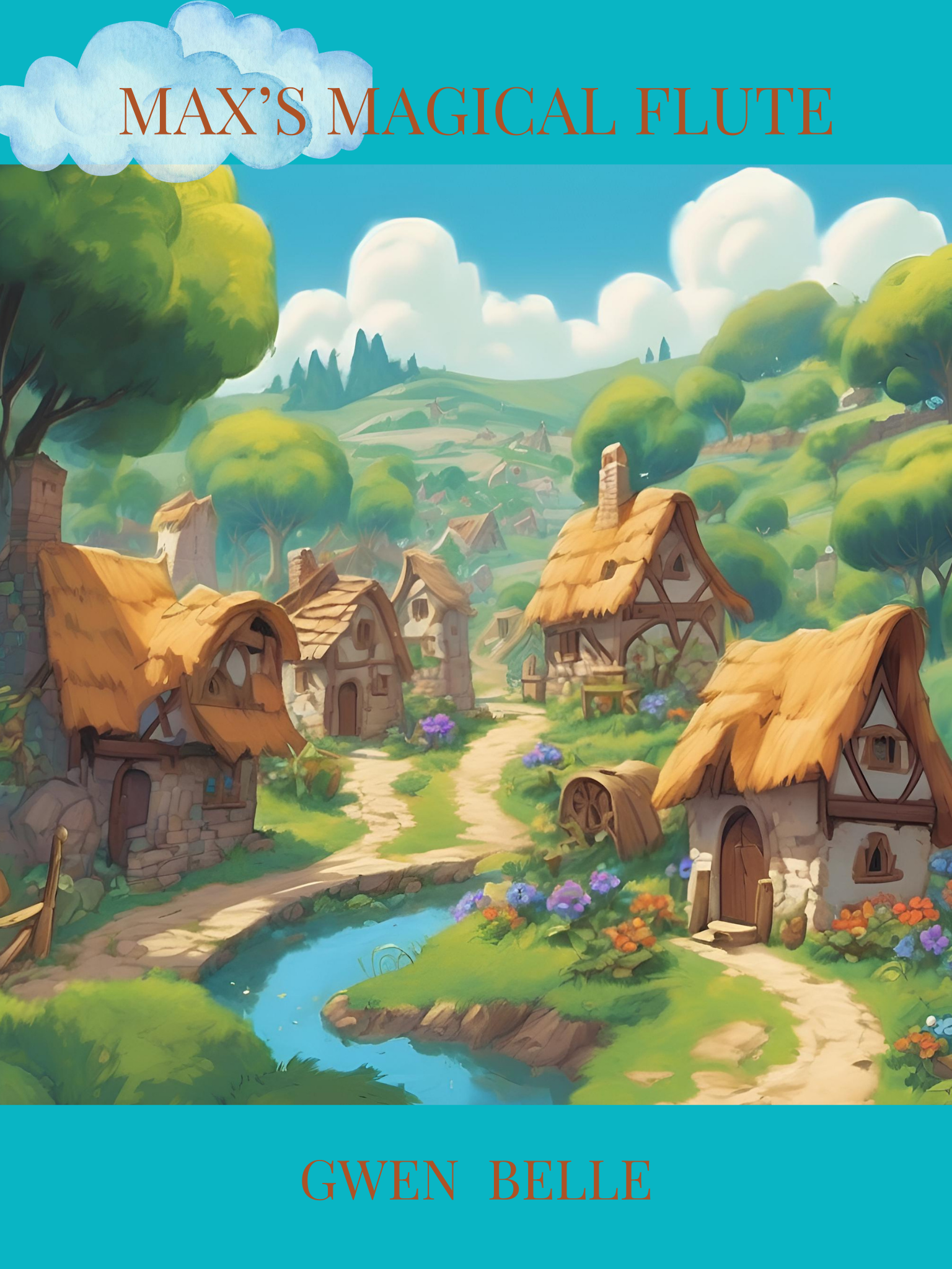 The cover of a book titled 'Max's Magical Flute' by Gwen Belle, featuring a colorful illustration of a picturesque village with thatched cottages, lush green trees, a winding path, a small river, and a bright blue sky with fluffy white clouds in a whimsical art style.