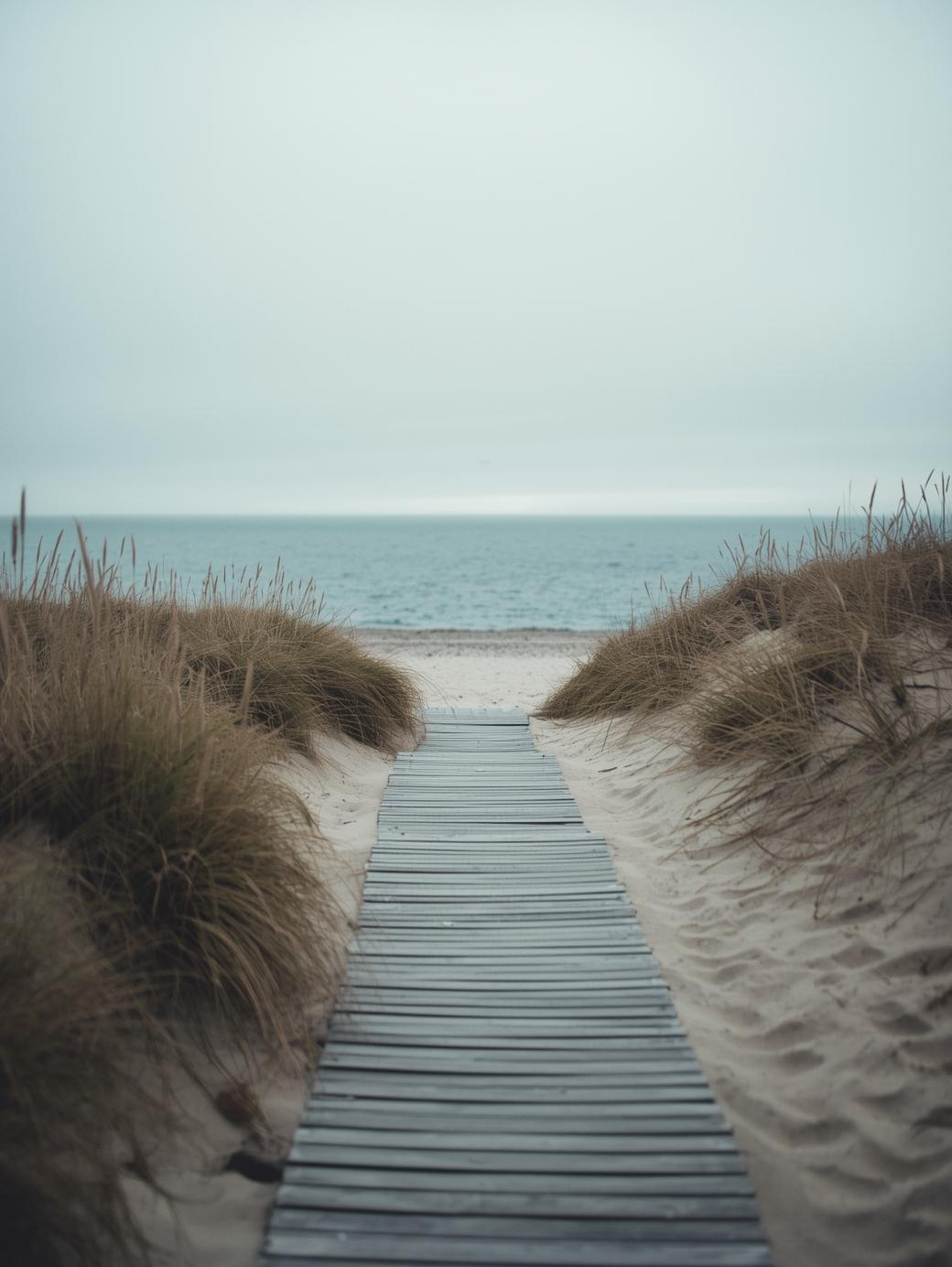 Wooden pathway leading to a beach with sand dunes and tall grass, ocean in the background under a cloudy sky.