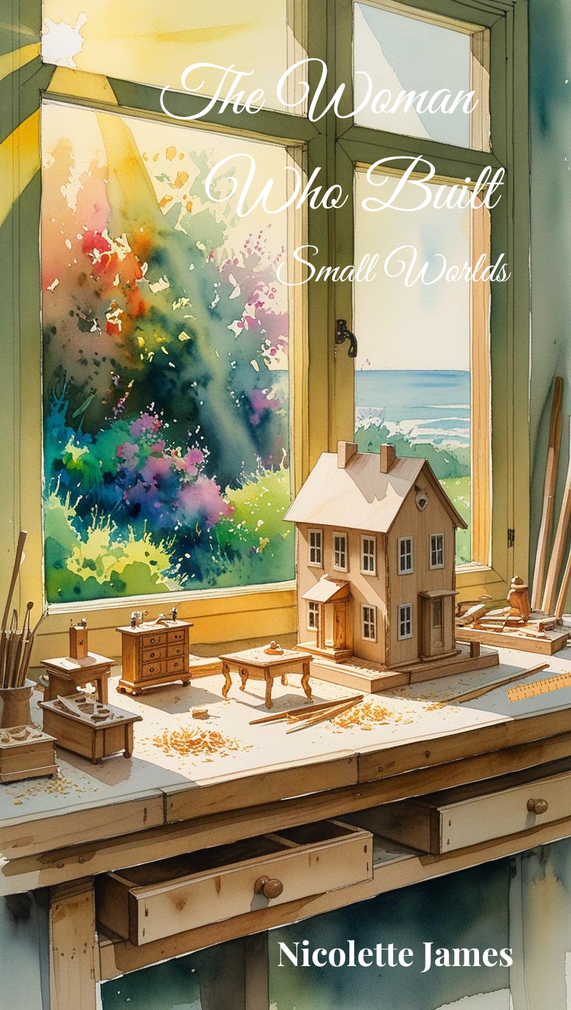 Book cover titled 'The Woman Who Built Small Worlds' by Nicolette James, showing a window scene with a miniature wooden house, study table, and painting supplies on a wooden workbench. Bright sunlight streams through the window, illuminating a lush garden and ocean view outside.