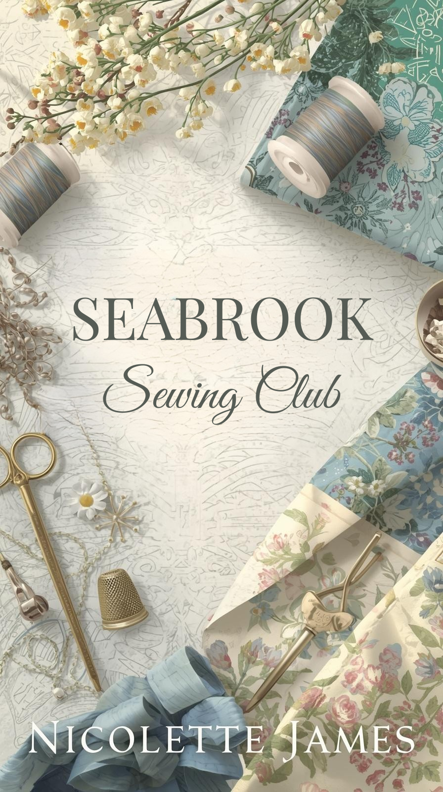 A book cover titled 'Seabrook Sewing Club' by Nicolette James. The cover features sewing-themed items such as spools of thread, scissors, thimbles, and floral fabric, along with white flowers and decorative elements on a textured background.