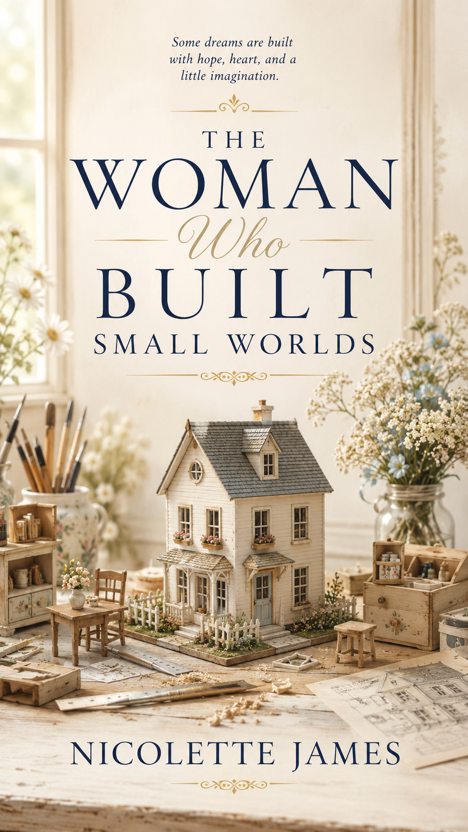 Book cover titled 'The Woman Who Built Small Worlds' by Nicolette James, featuring a miniature dollhouse with craft tools and flowers on a wooden table.