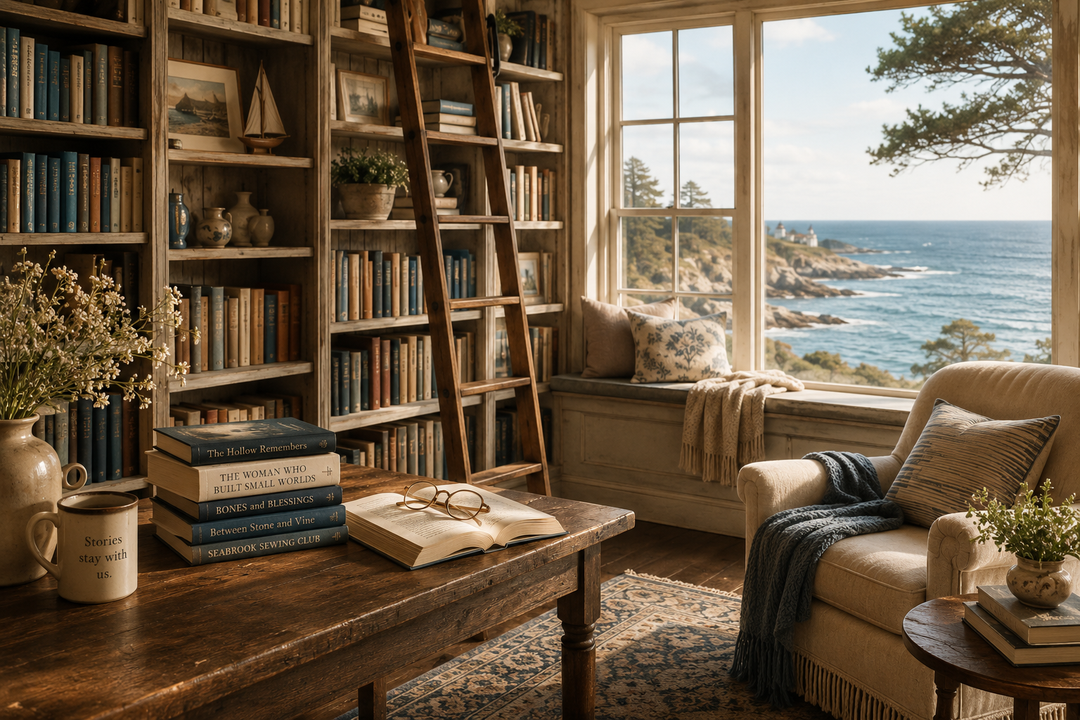 Cozy seaside room with large window showing ocean view, bookshelf, armchair with pillows and throw blanket, and table with books and glasses.