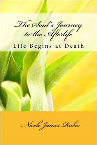 Book cover titled "The Soul's Journey to the Afterlife: Life Begins at Death" by Nicole James Rubio, featuring a background of green and yellow leaves.