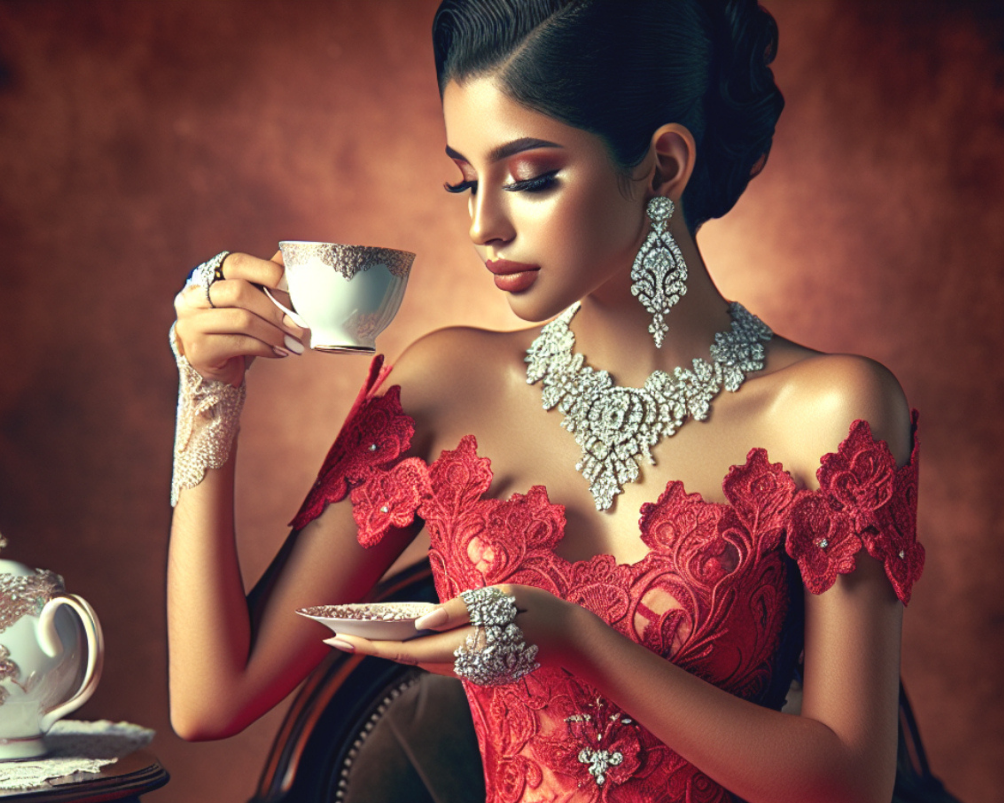 A woman dressed in a red lace evening gown and large diamond jewelry, holding a teacup with her eyes closed, portraying elegance and sophistication.