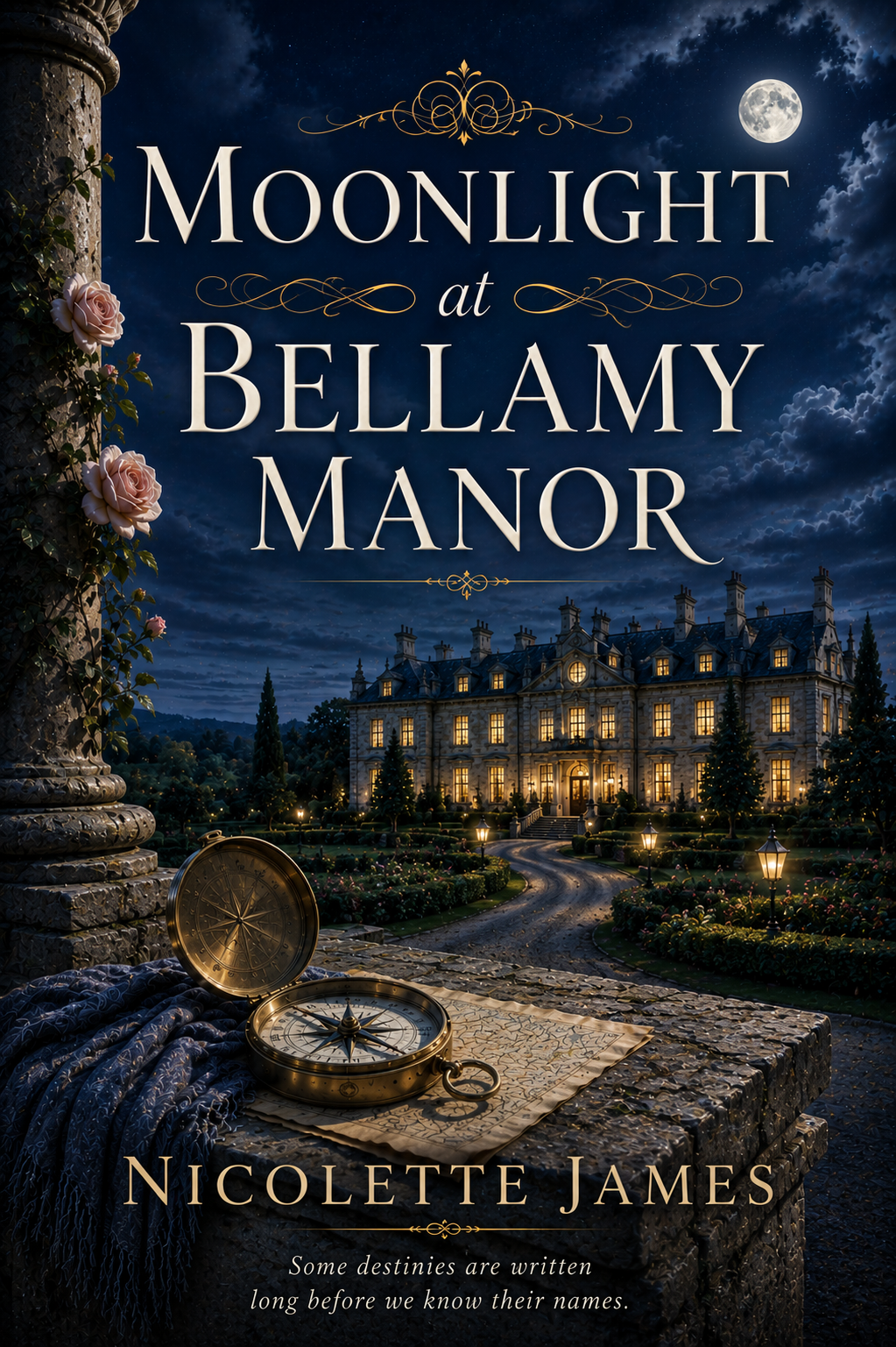 Book cover titled "Moonlight at Bellamy Manor" by Nicolette James, depicting a large manor house illuminated at night with a full moon in the sky, a stone balcony with a compass, and a garden path leading to the house.